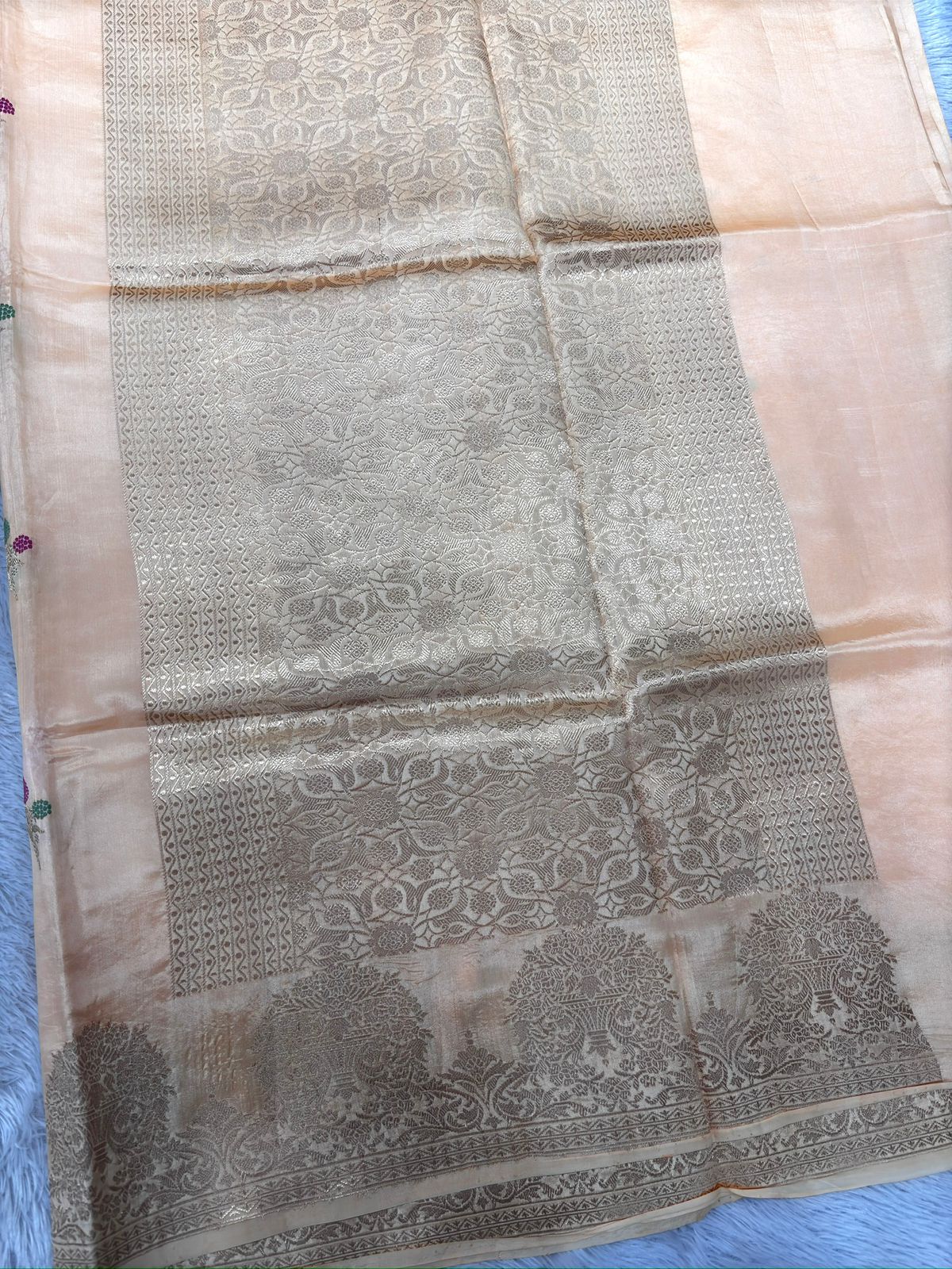 Ivory Peach Katan Silk Kadhua Handloom Saree with Silver Zari Border