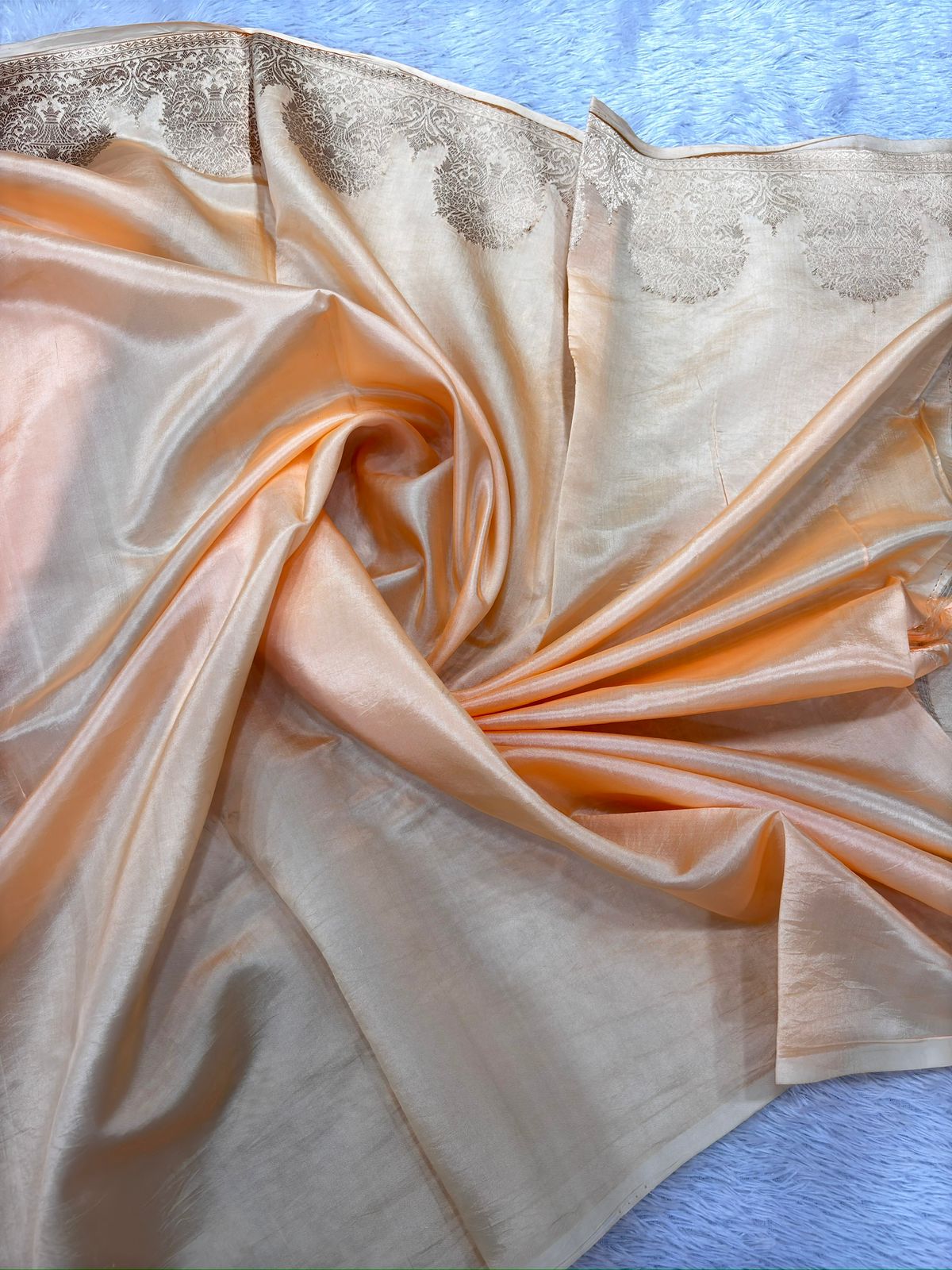 Ivory Peach Katan Silk Kadhua Handloom Saree with Silver Zari Border