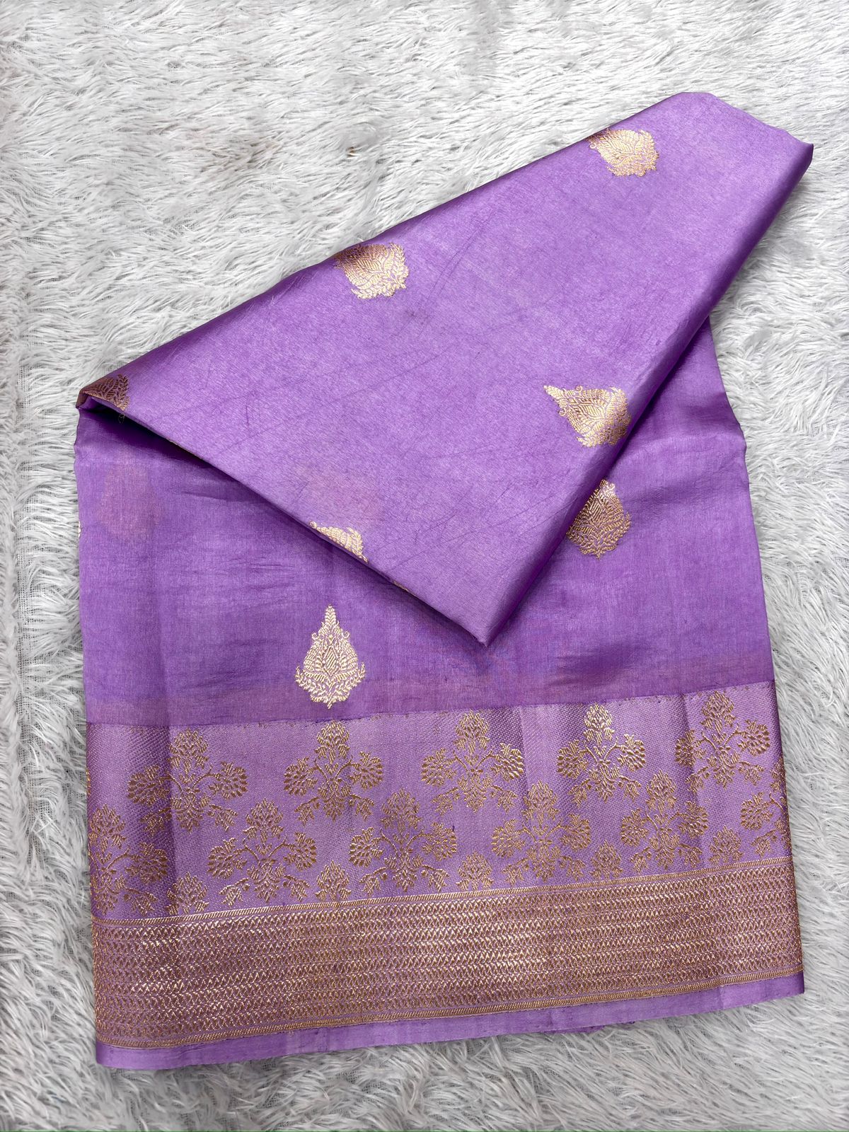 Lavender Purple Katan Silk Kadhua Handloom Saree with Antique Gold Zari