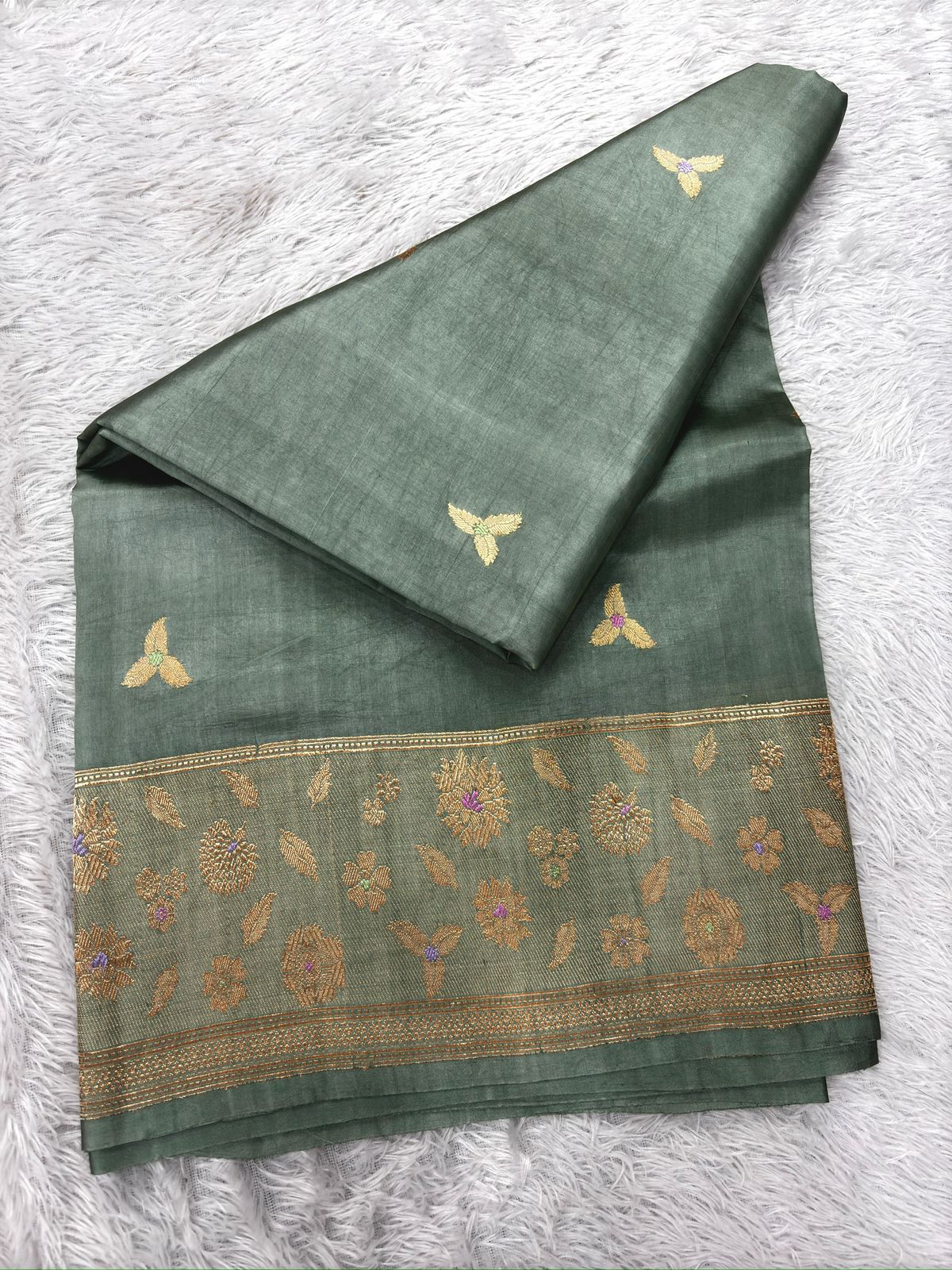 Sage Green Katan Silk Kadhua Handloom Saree with Antique Zari Weaving