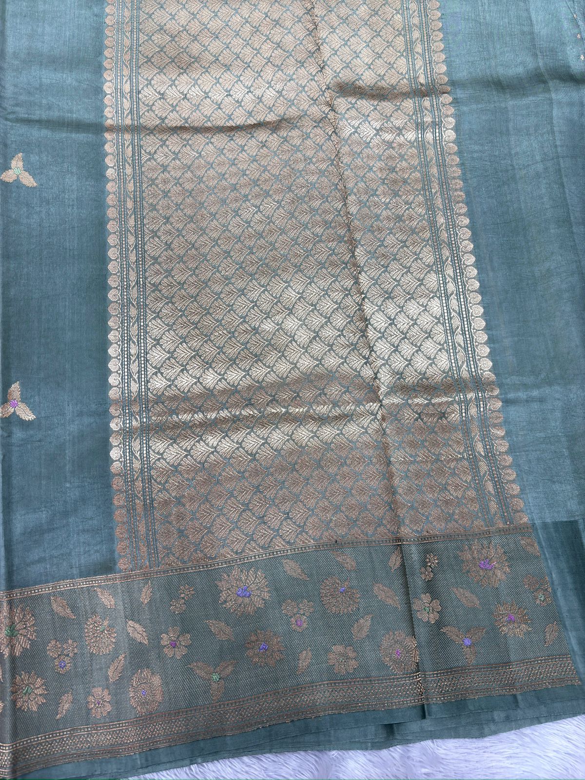Sage Green Katan Silk Kadhua Handloom Saree with Antique Zari Weaving