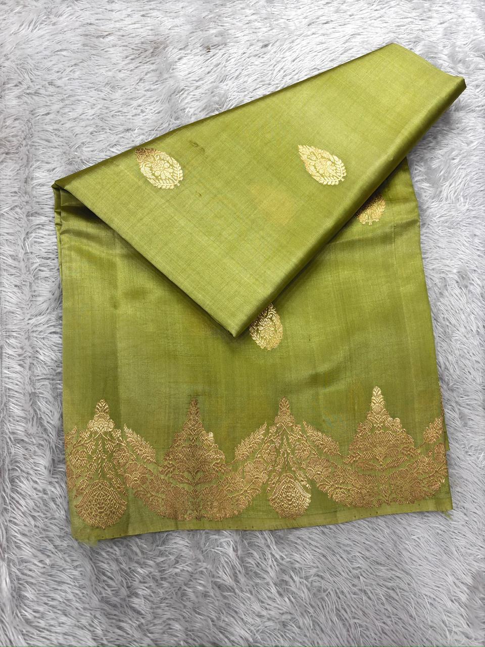 Pastel Pistachio Green Katan Silk Handloom Saree with Antique Zari Border