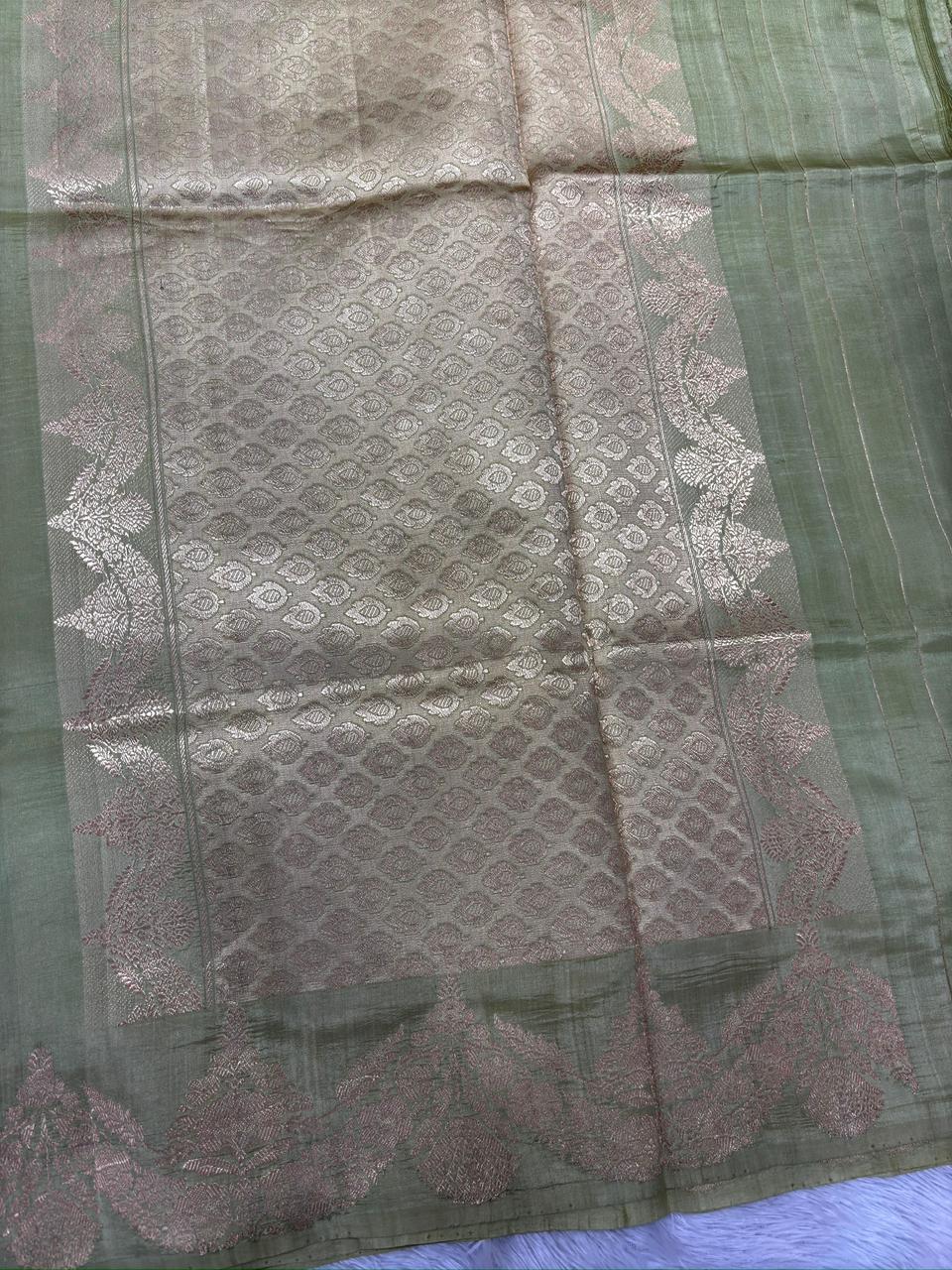 Pastel Pistachio Green Katan Silk Handloom Saree with Antique Zari Border