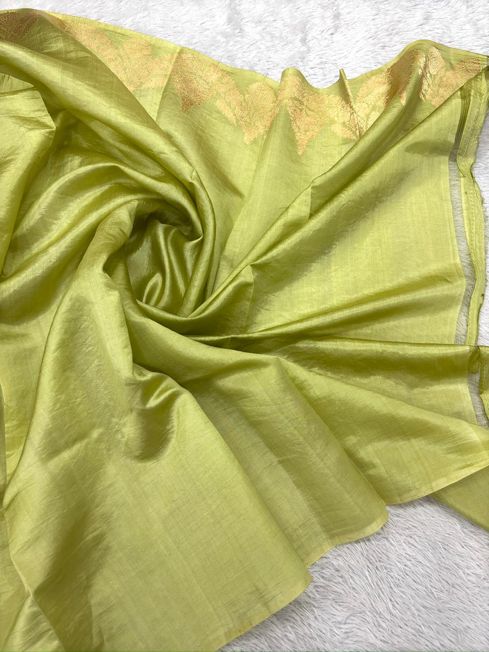 Pastel Pistachio Green Katan Silk Handloom Saree with Antique Zari Border