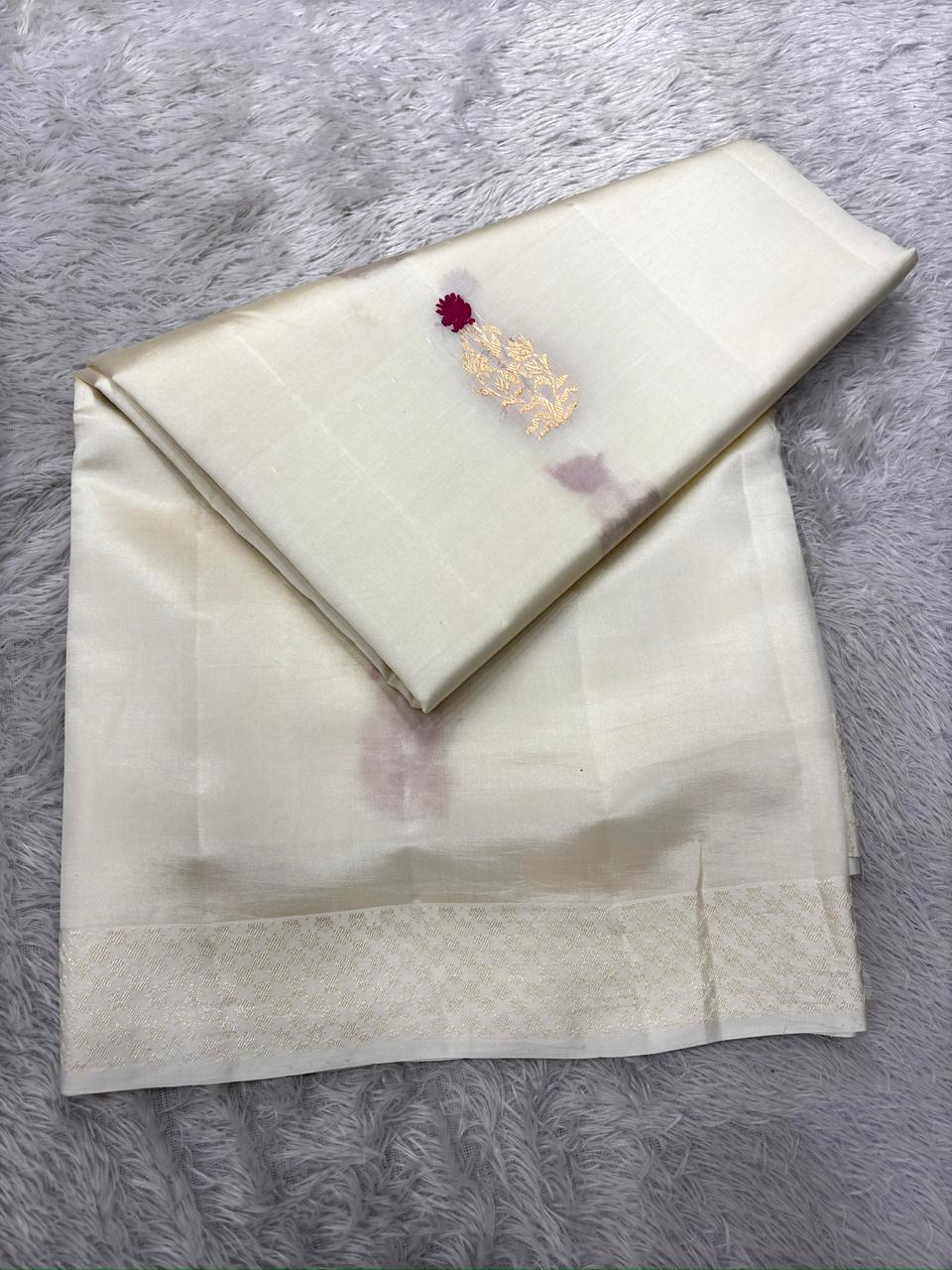Ivory White Pure Katan Silk Banarasi Saree with Rose Zari Butis