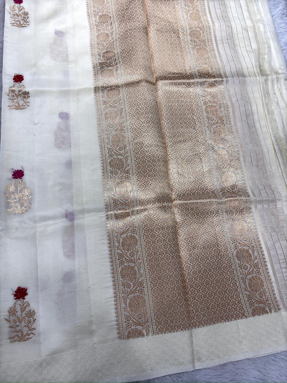 Ivory White Pure Katan Silk Banarasi Saree with Rose Zari Butis
