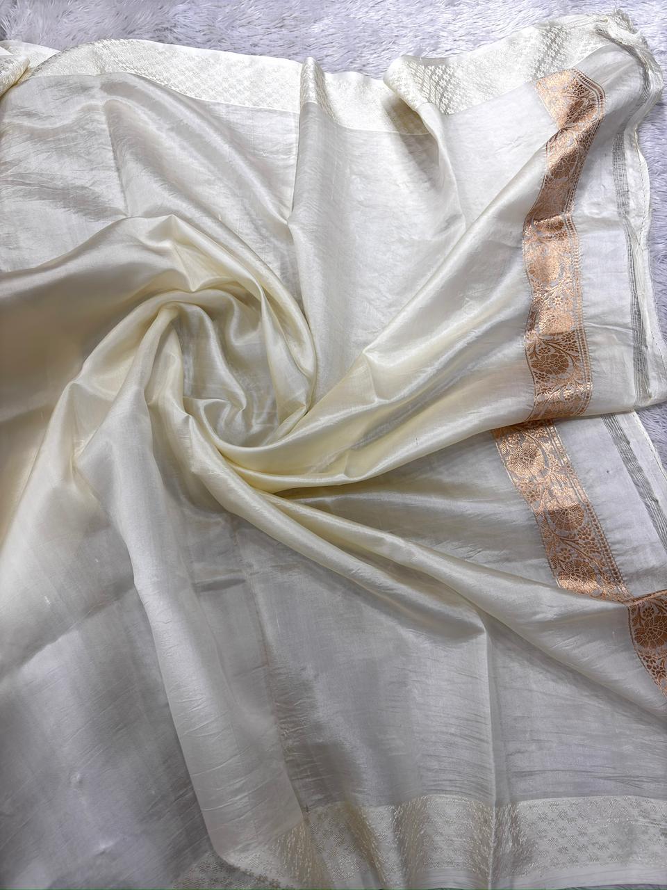 Ivory White Pure Katan Silk Banarasi Saree with Rose Zari Butis