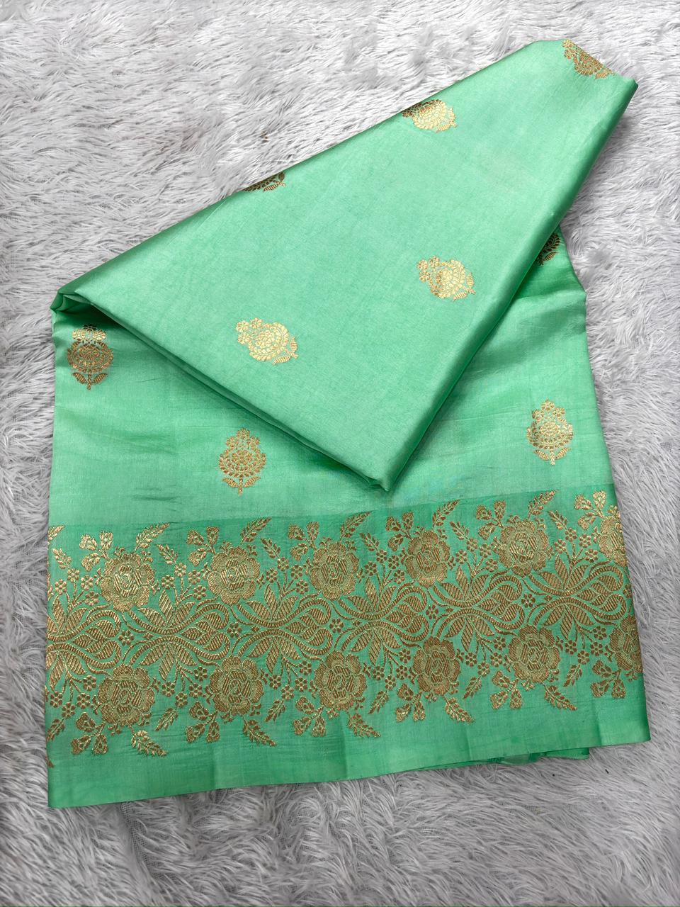 Mint Green Pure Katan Silk Banarasi Saree with Floral Zari Border