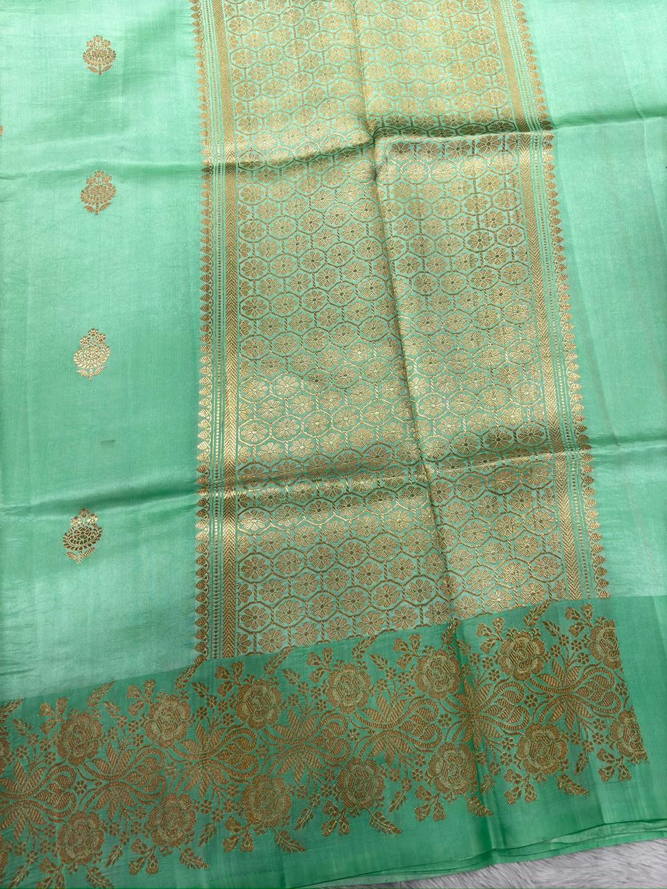 Mint Green Pure Katan Silk Banarasi Saree with Floral Zari Border