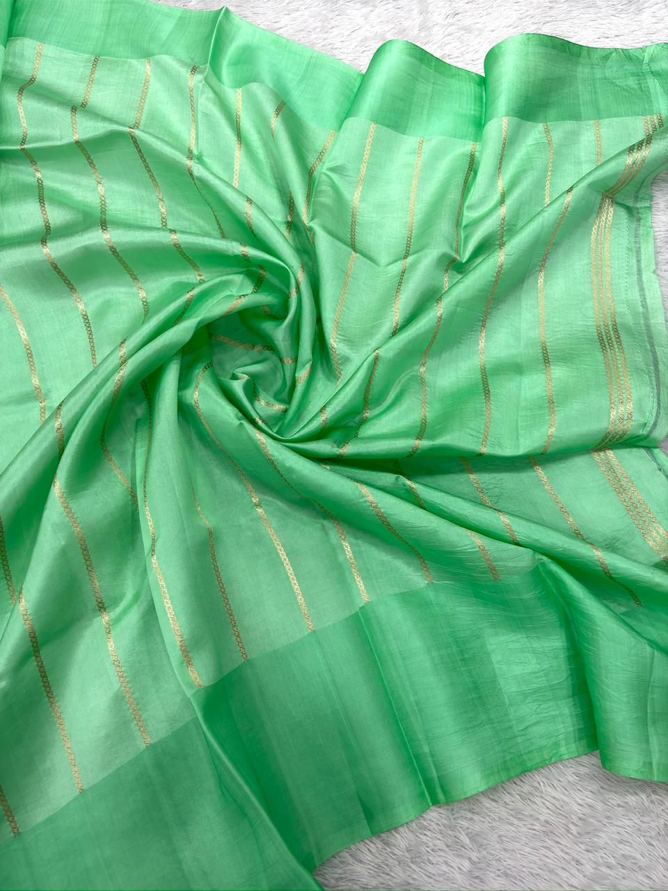 Mint Green Pure Katan Silk Banarasi Saree with Floral Zari Border