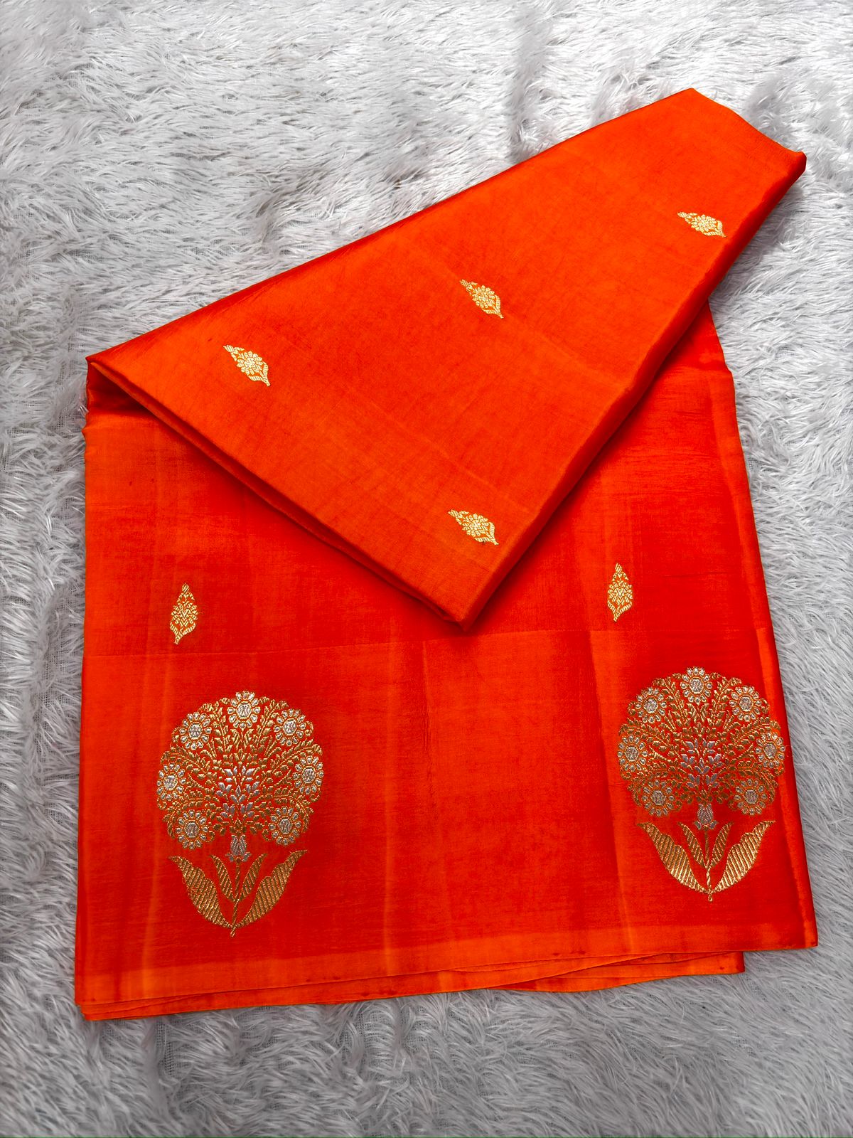 Radiant Orange Pure Katan Silk Banarasi Saree with Zari Butis & Royal Pallu
