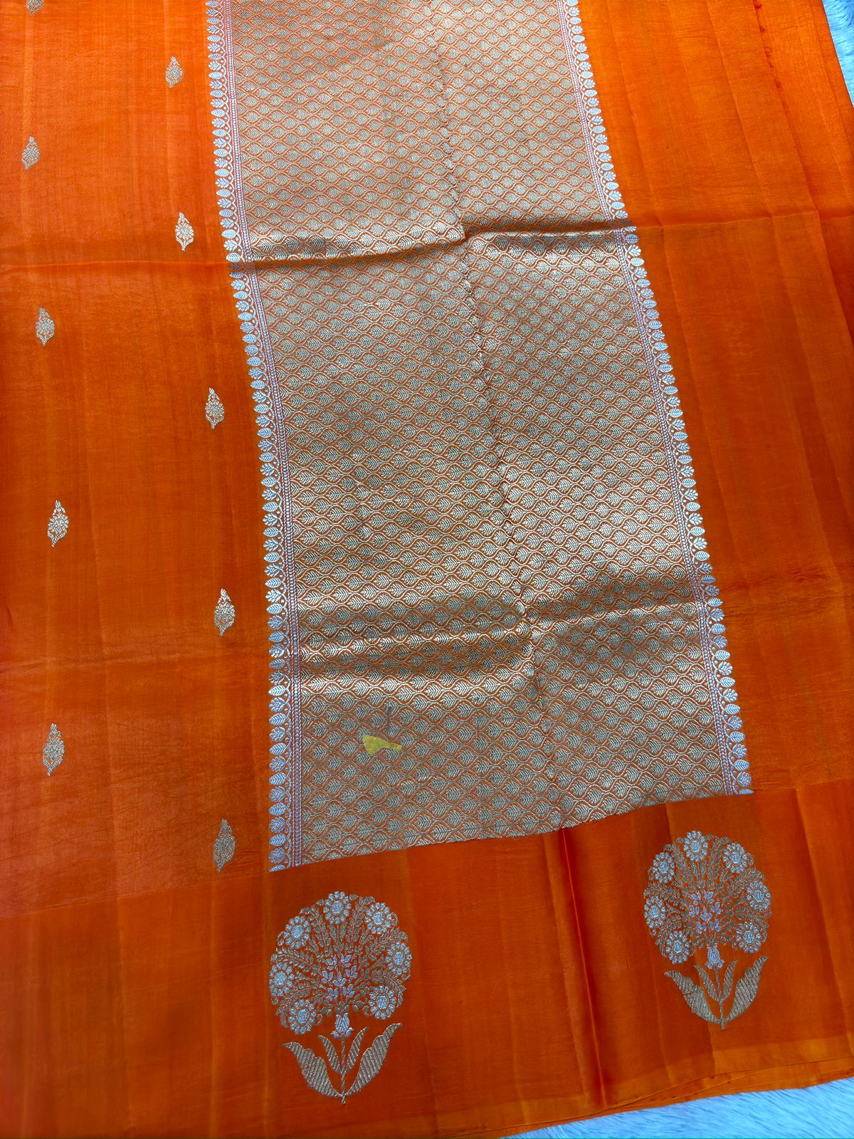 Radiant Orange Pure Katan Silk Banarasi Saree with Zari Butis & Royal Pallu