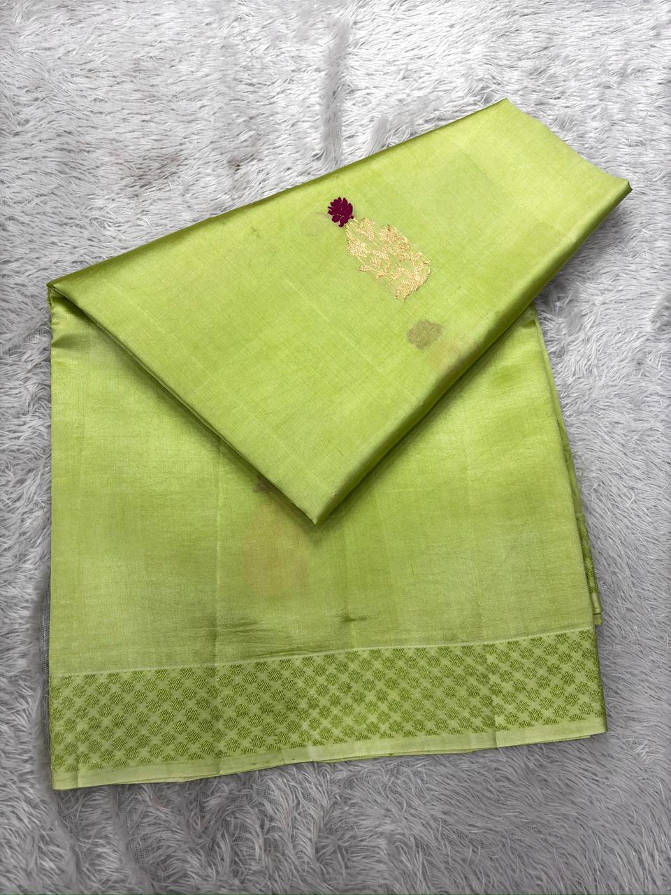 Pastel Pistachio Green Pure Silk Banarasi Saree with Antique Zari Pallu