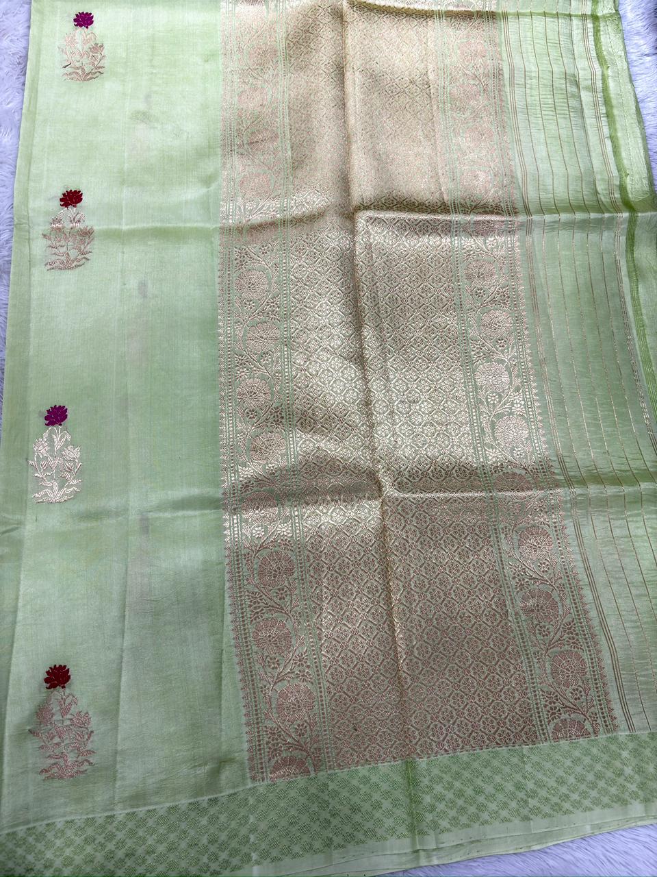 Pastel Pistachio Green Pure Silk Banarasi Saree with Antique Zari Pallu