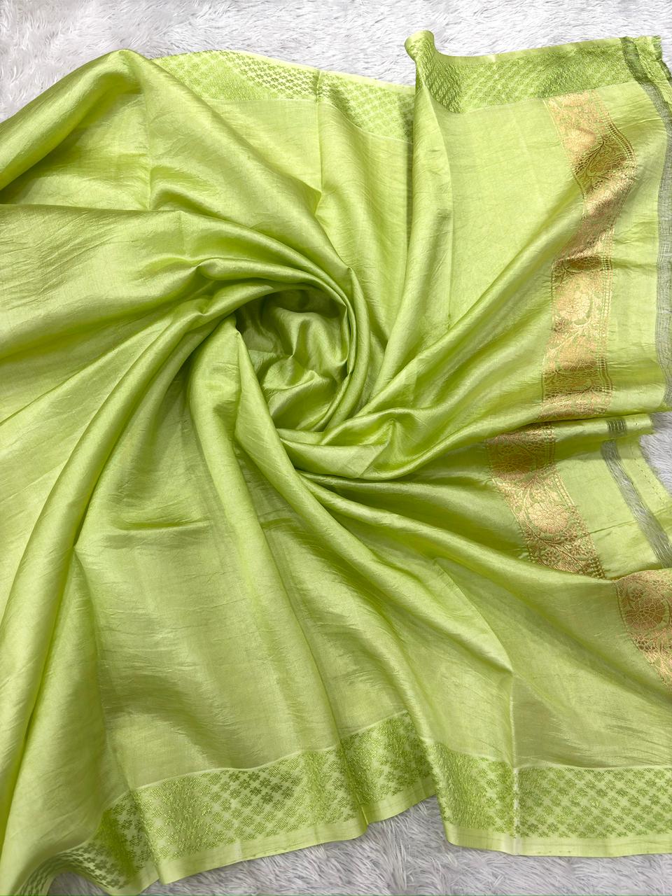 Pastel Pistachio Green Pure Silk Banarasi Saree with Antique Zari Pallu