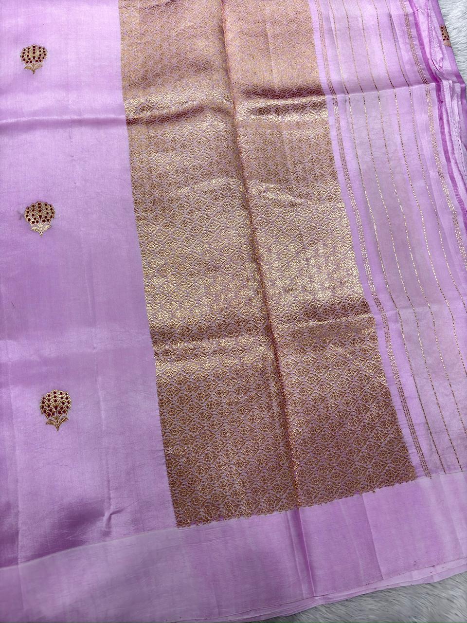 Pastel Lavender Pure Tissue Silk Banarasi Saree with Gold Zari Pallu