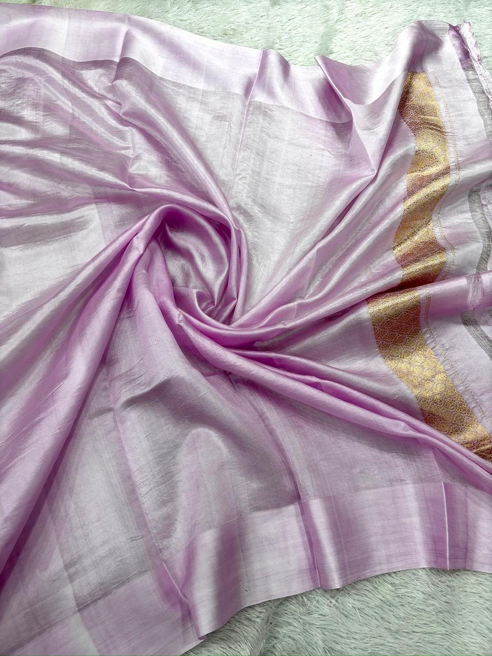 Pastel Lavender Pure Tissue Silk Banarasi Saree with Gold Zari Pallu