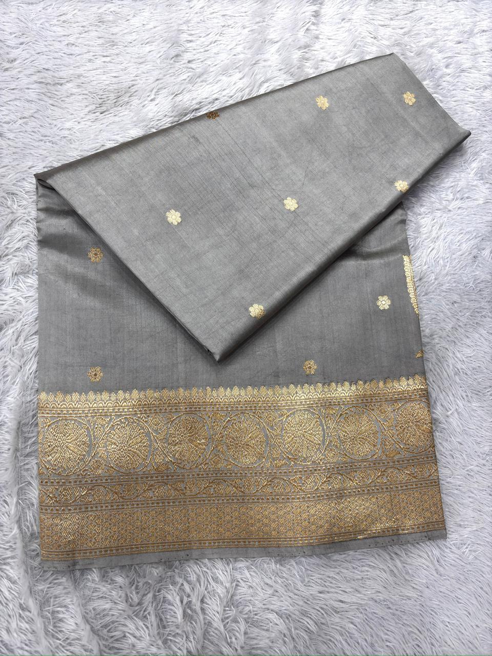 Silver Grey Pure Tissue Silk Banarasi Saree with Antique Gold Zari Weaving