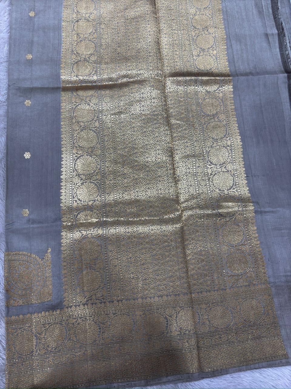 Silver Grey Pure Tissue Silk Banarasi Saree with Antique Gold Zari Weaving