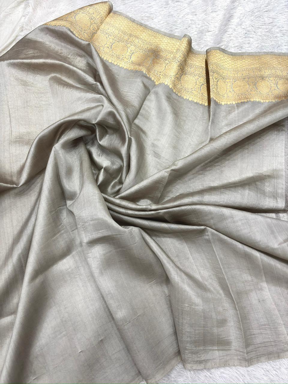 Silver Grey Pure Tissue Silk Banarasi Saree with Antique Gold Zari Weaving
