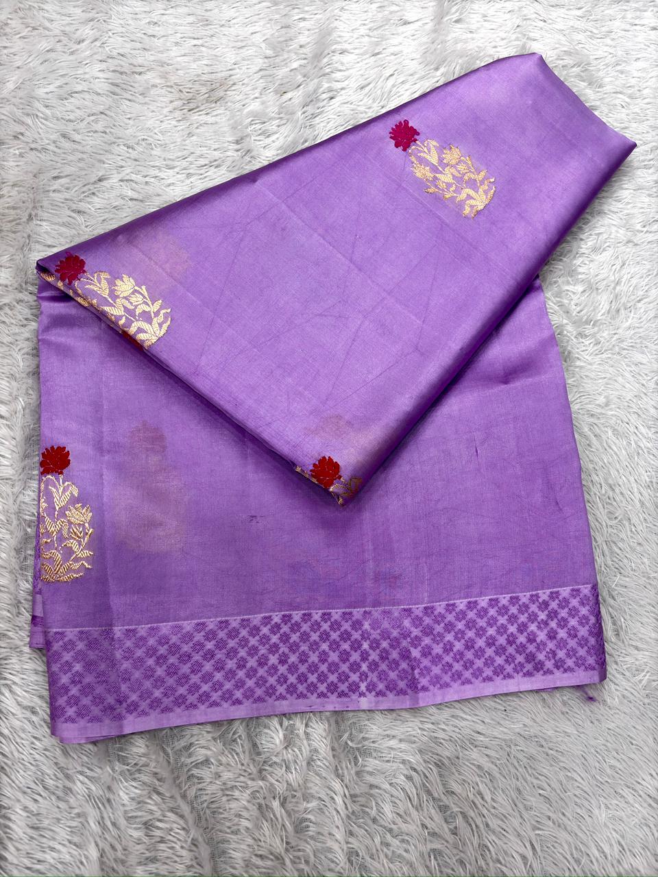 Lavender Pure Tissue Silk Banarasi Saree with Floral Zari Butis