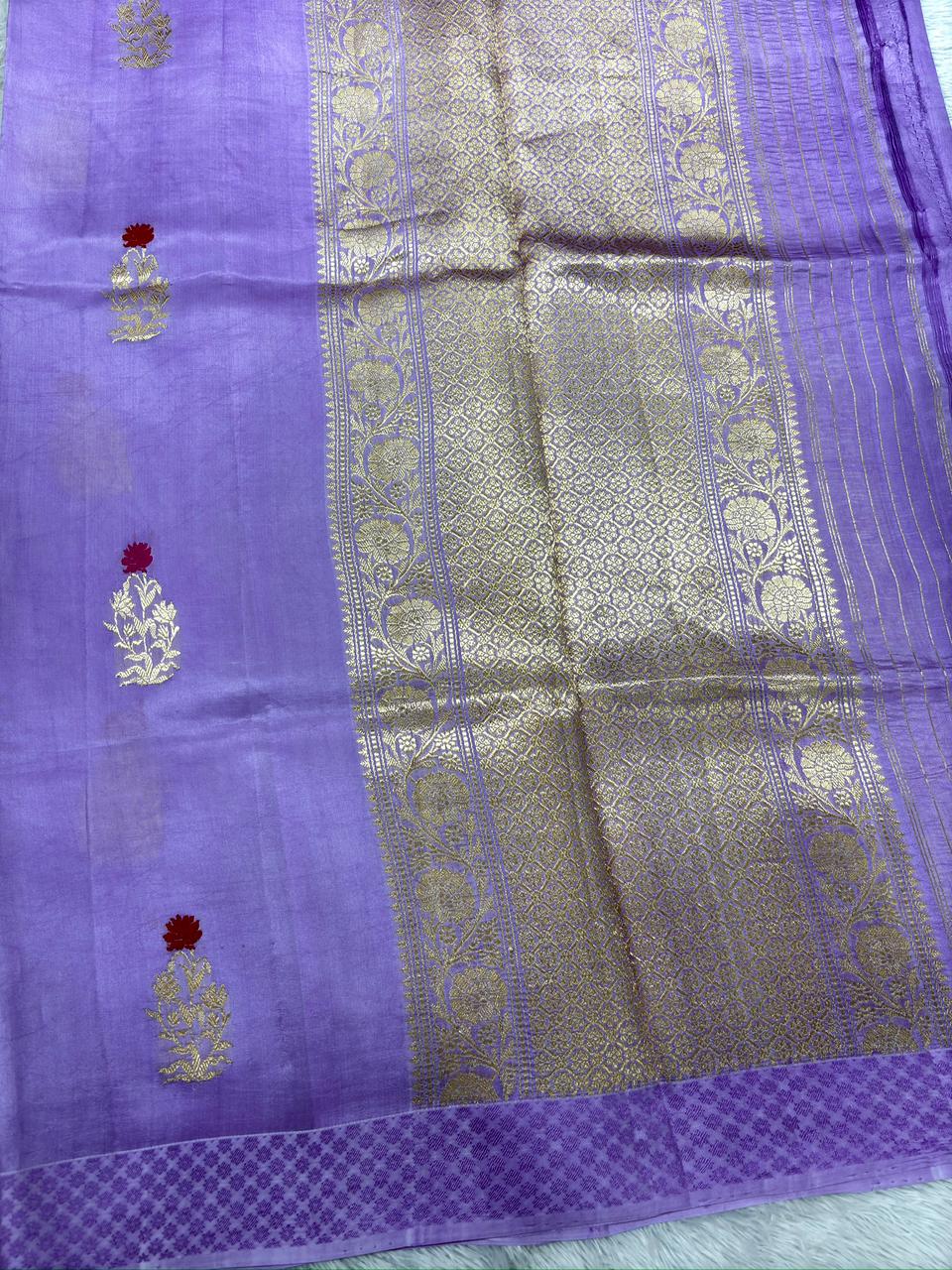 Lavender Pure Tissue Silk Banarasi Saree with Floral Zari Butis