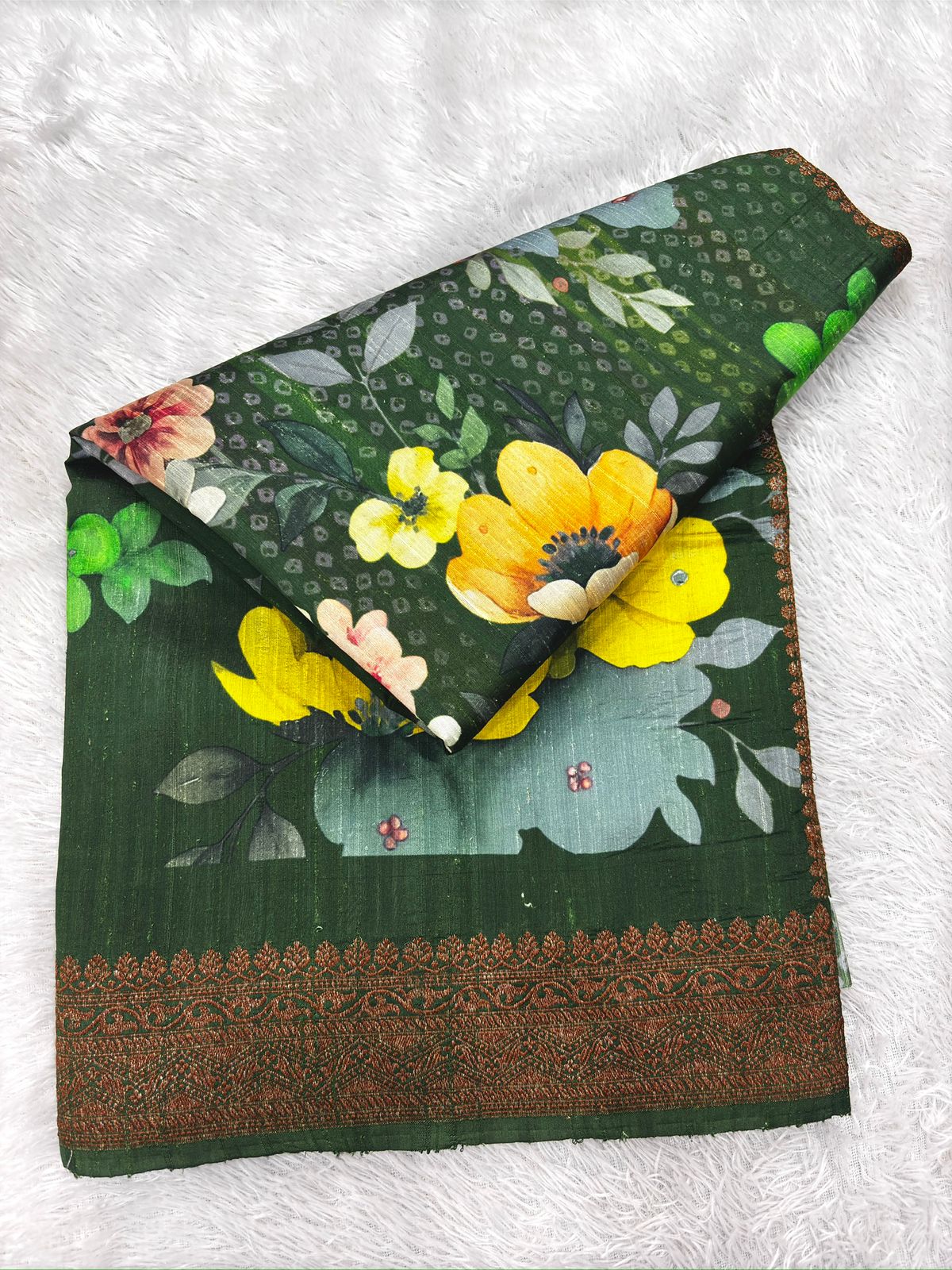 Bottle Green Raw Silk Handloom Saree with Floral Digital Print