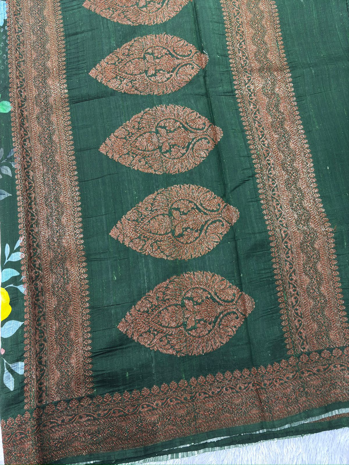 Bottle Green Raw Silk Handloom Saree with Floral Digital Print