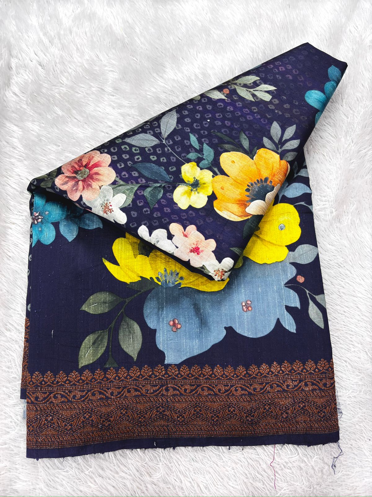 Midnight Blue Raw Silk Handloom Saree with Floral Digital Print