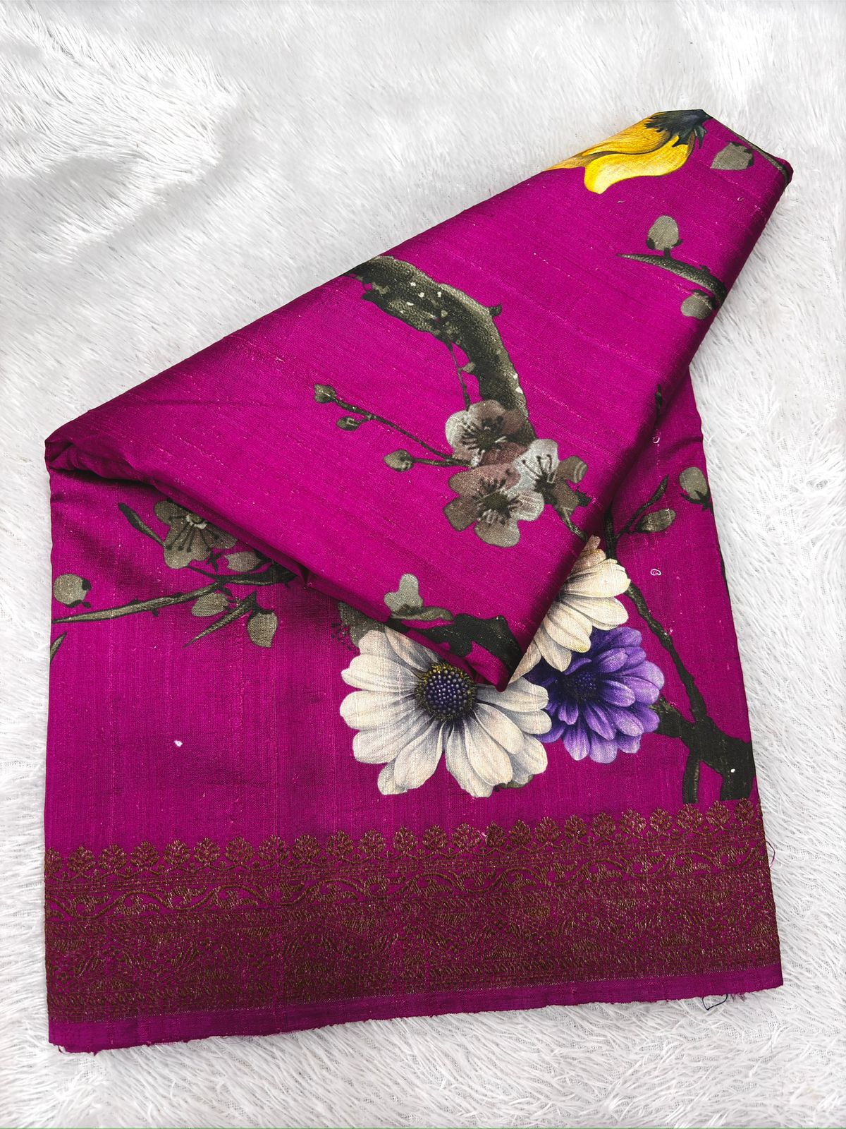 Rani Pink Raw Silk Handloom Saree with Artistic Floral Digital Print