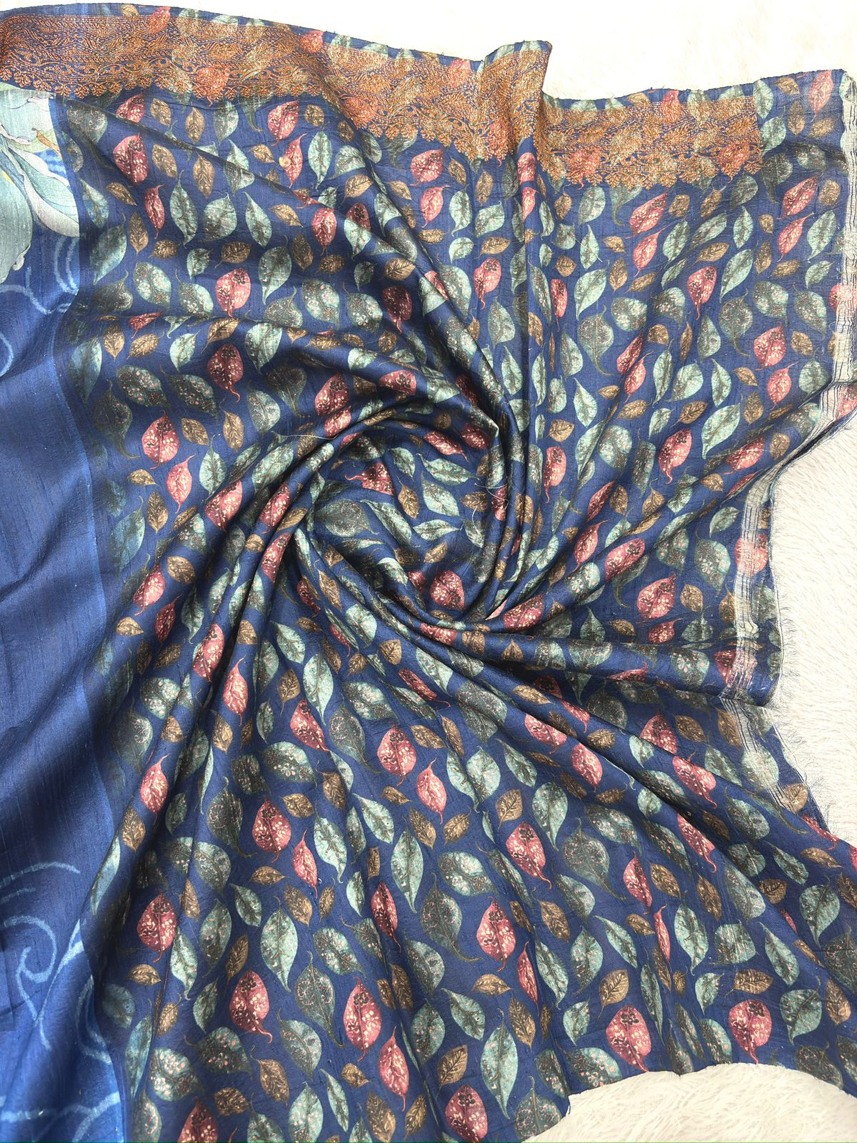 Royal Blue Raw Silk Handloom Saree with Vintage Floral Digital Print