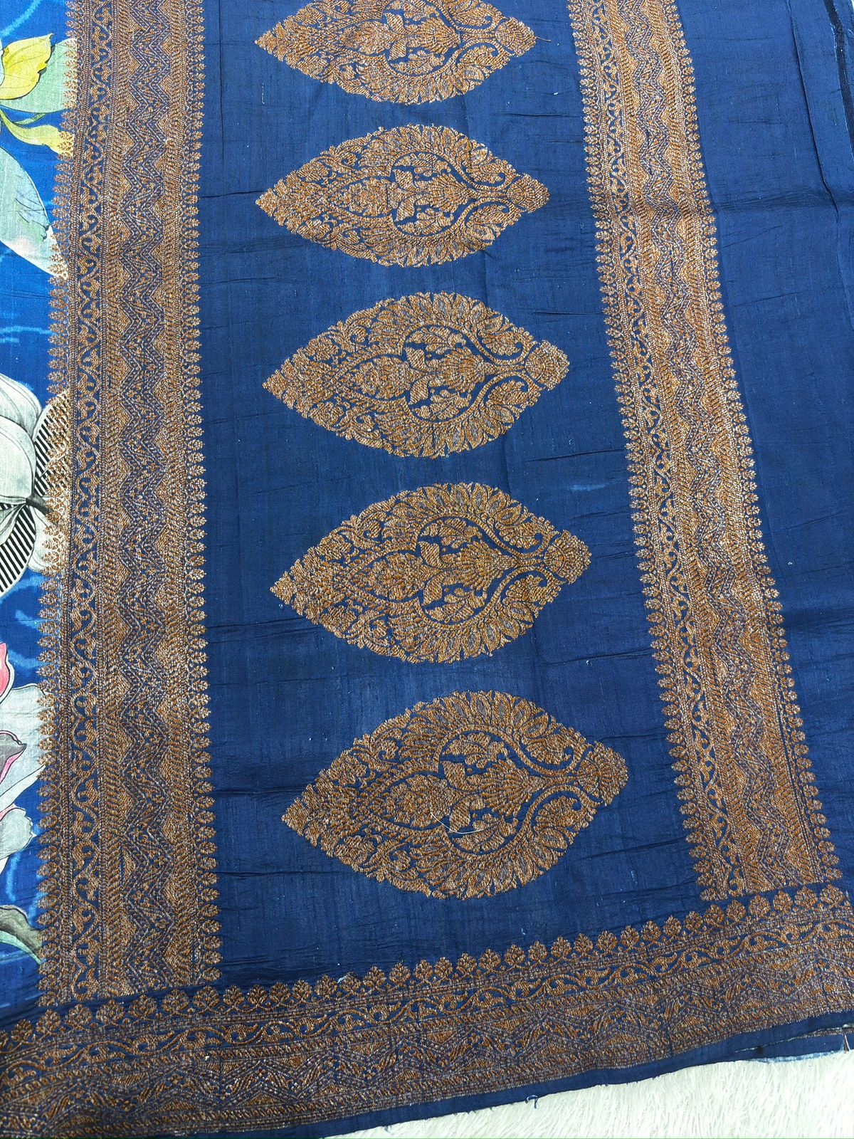 Royal Blue Raw Silk Handloom Saree with Vintage Floral Digital Print