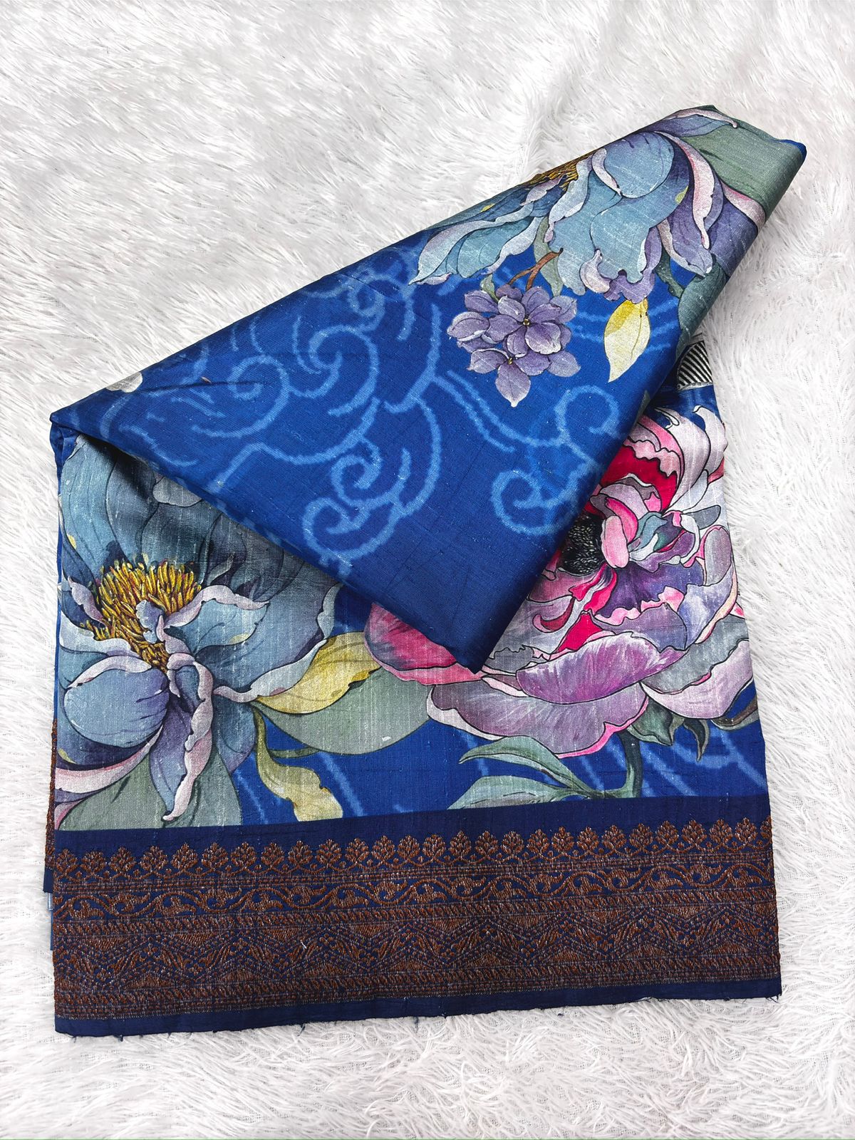 Royal Blue Raw Silk Handloom Saree with Vintage Floral Digital Print