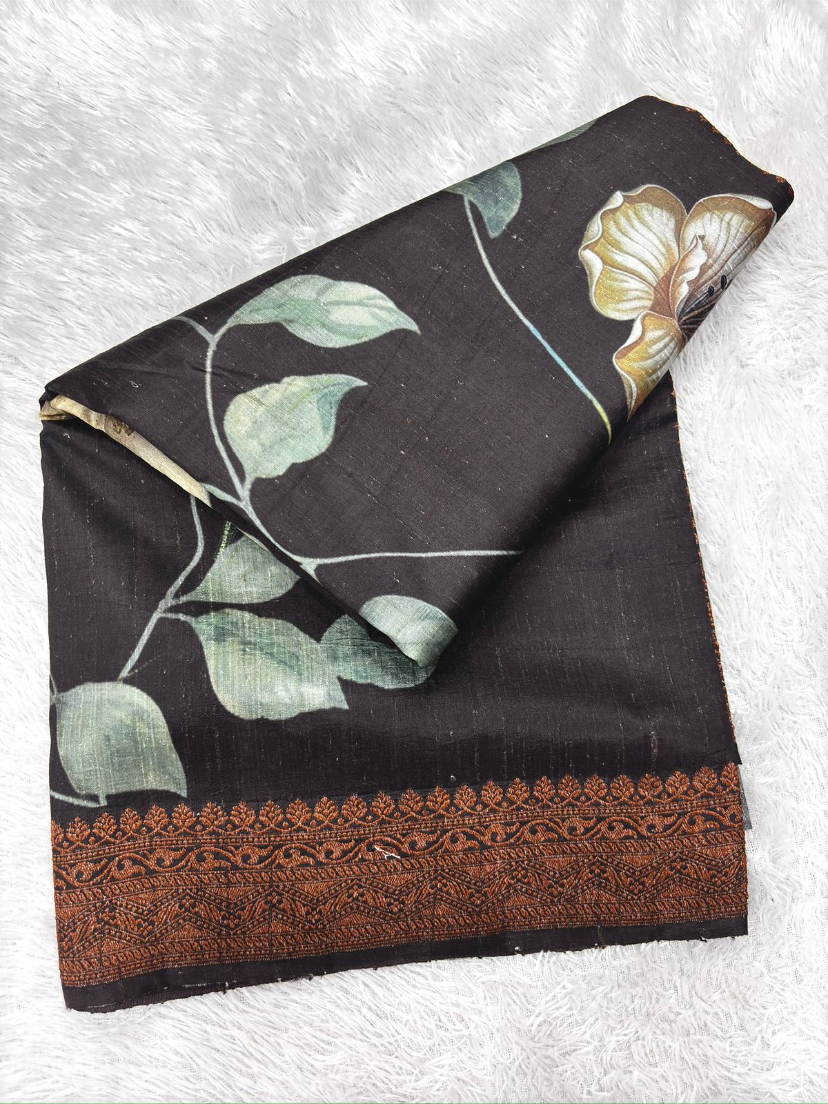 Midnight Black Raw Silk Handloom Saree with Artistic Floral Digital Print