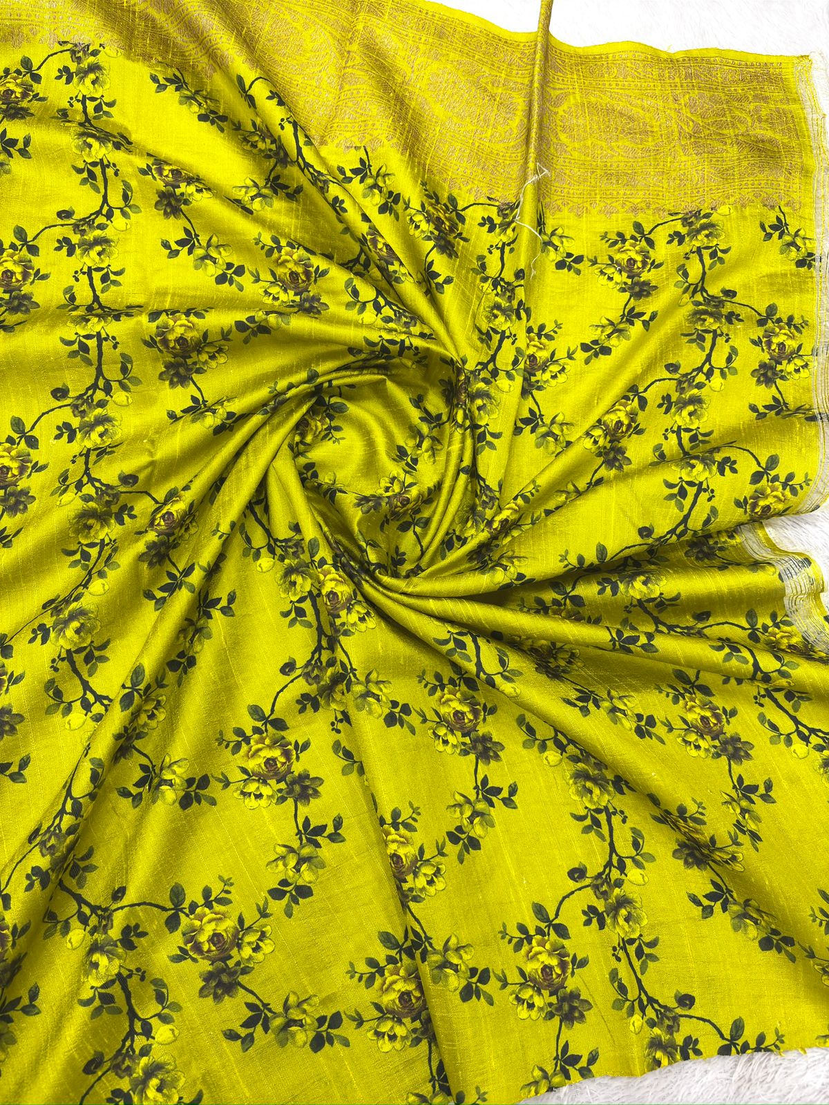 Lime Yellow Raw Silk Handloom Saree with Floral Digital Print