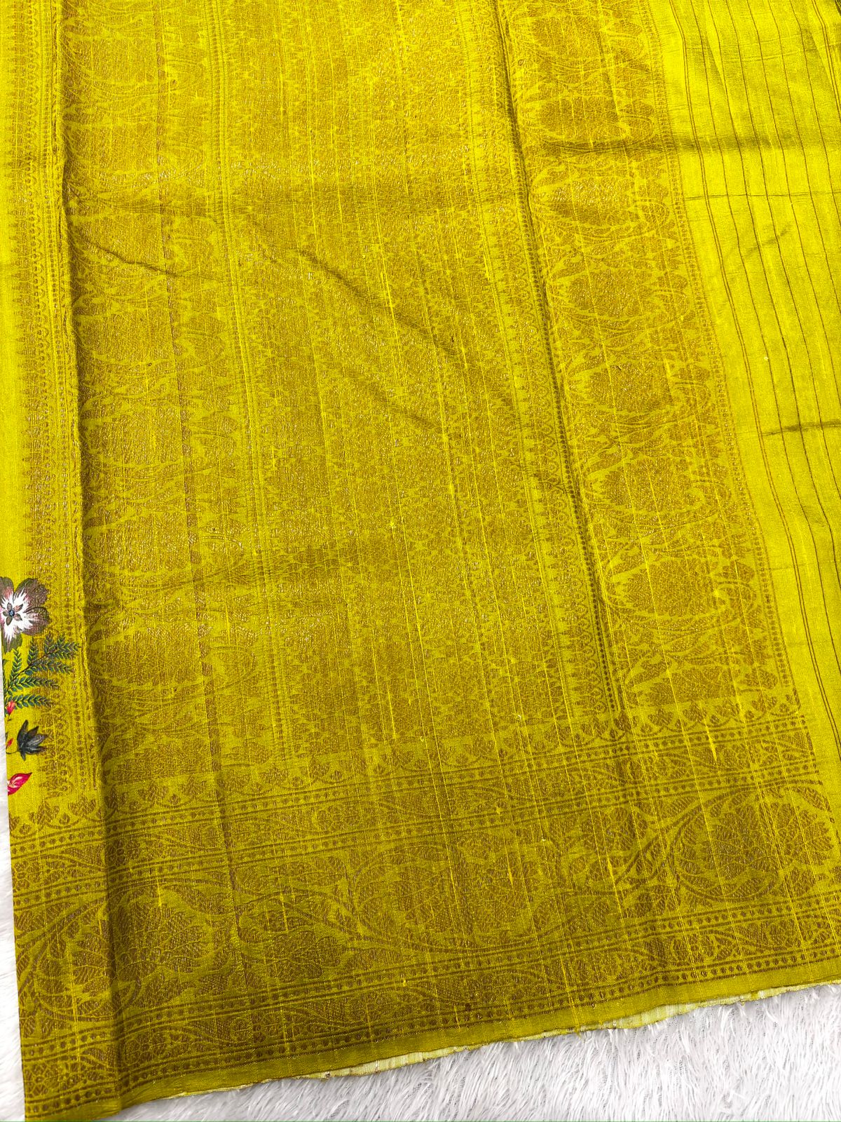 Lime Yellow Raw Silk Handloom Saree with Floral Digital Print