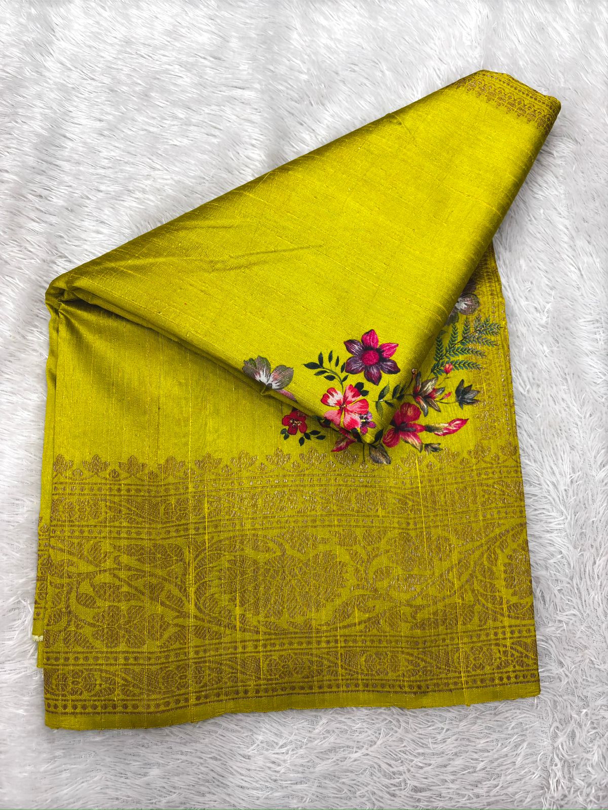 Lime Yellow Raw Silk Handloom Saree with Floral Digital Print