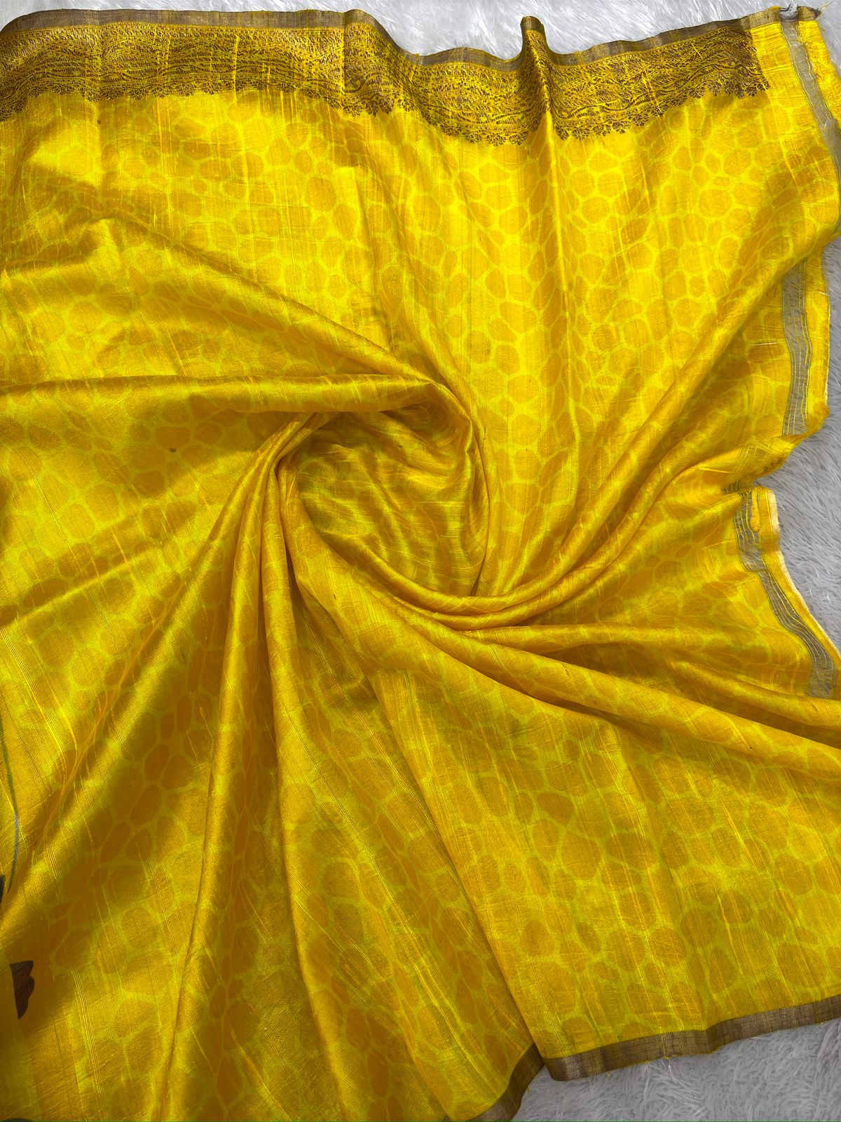 Sunshine Yellow Raw Silk Floral Printed Handloom Saree