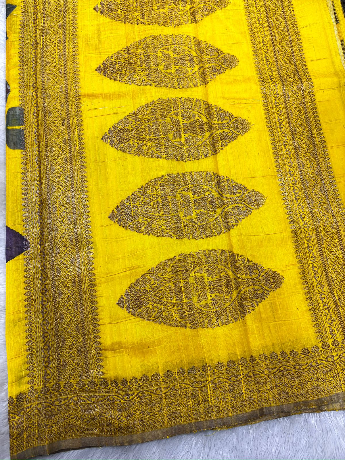 Sunshine Yellow Raw Silk Floral Printed Handloom Saree