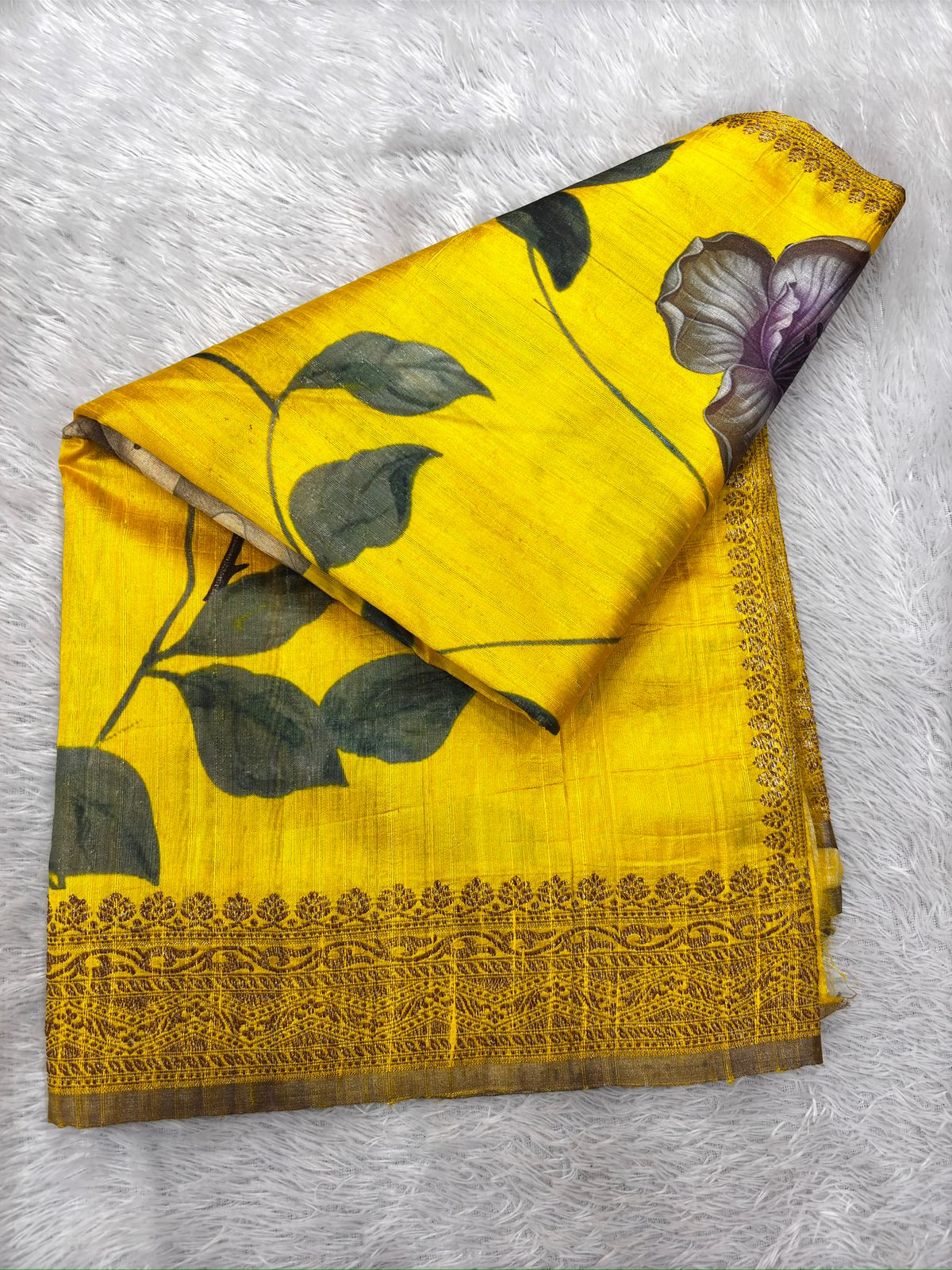 Sunshine Yellow Raw Silk Floral Printed Handloom Saree