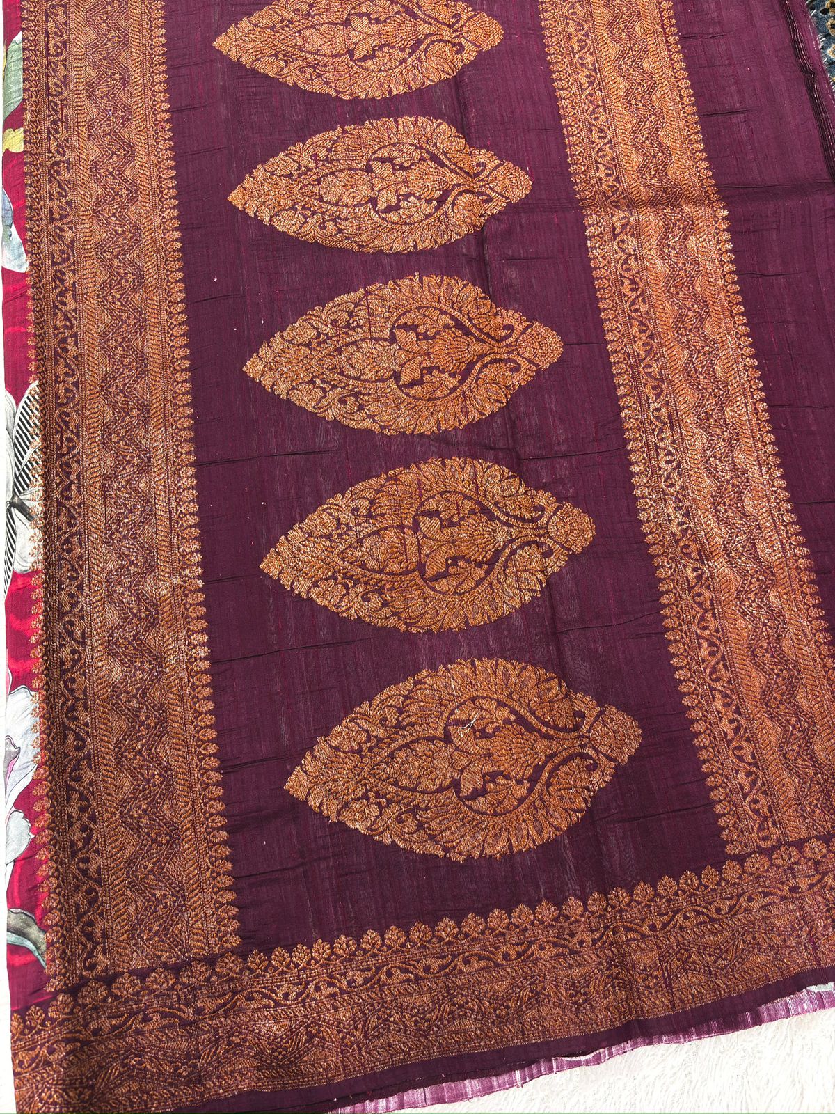 Wine Purple Floral Printed Raw Silk Handloom Saree