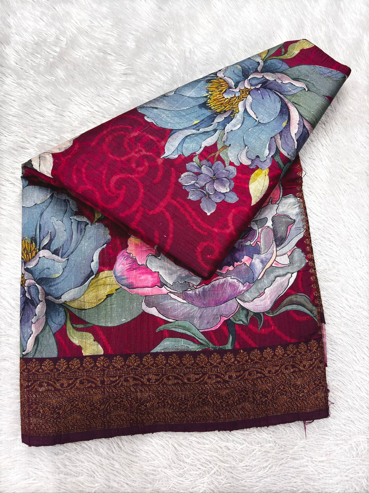 Wine Purple Floral Printed Raw Silk Handloom Saree