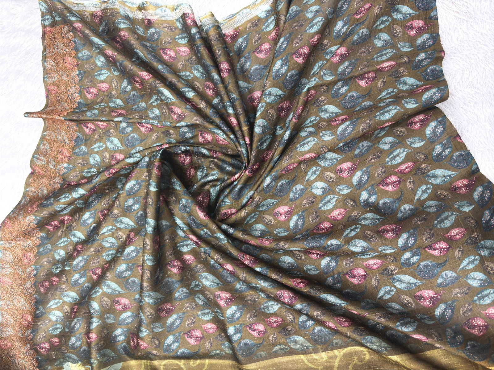 Olive Brown Floral Printed Raw Silk Handloom Saree