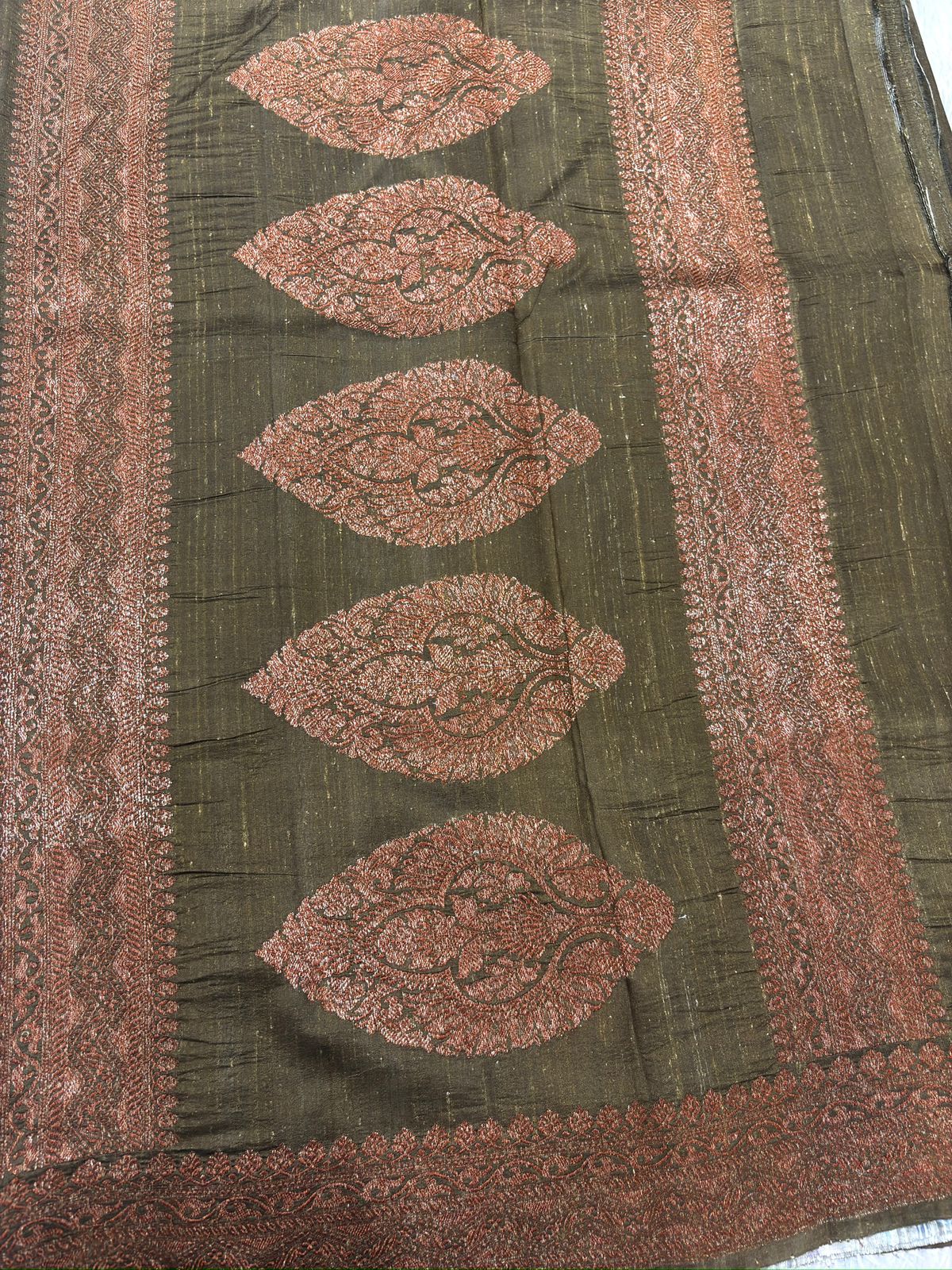 Olive Brown Floral Printed Raw Silk Handloom Saree