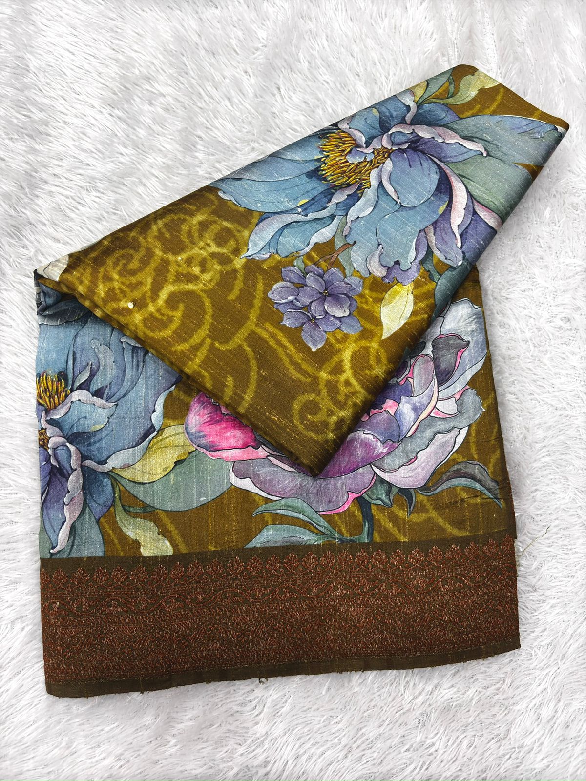 Olive Brown Floral Printed Raw Silk Handloom Saree