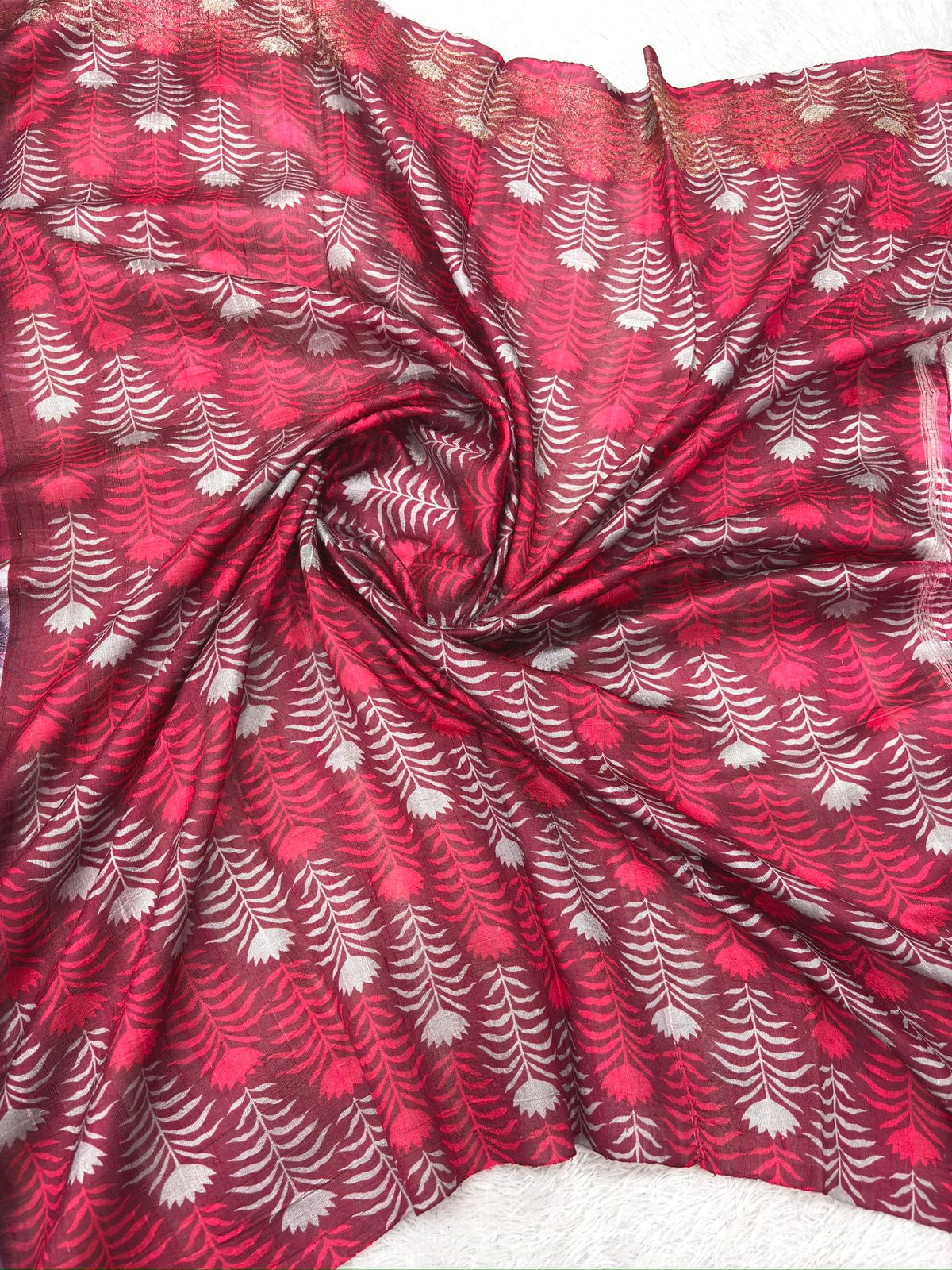 Rani Pink Floral Printed Raw Silk Handloom Saree
