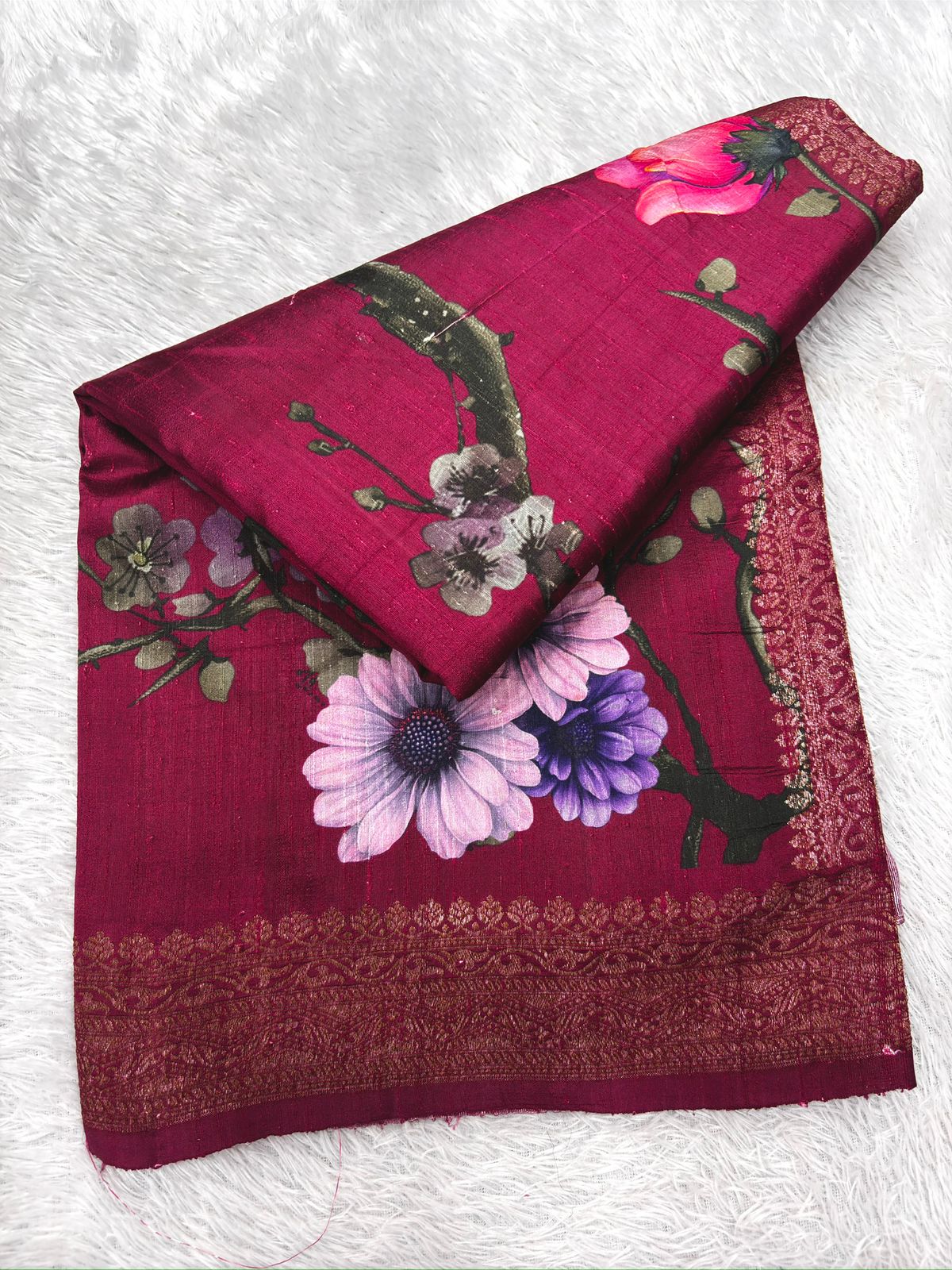 Rani Pink Floral Printed Raw Silk Handloom Saree