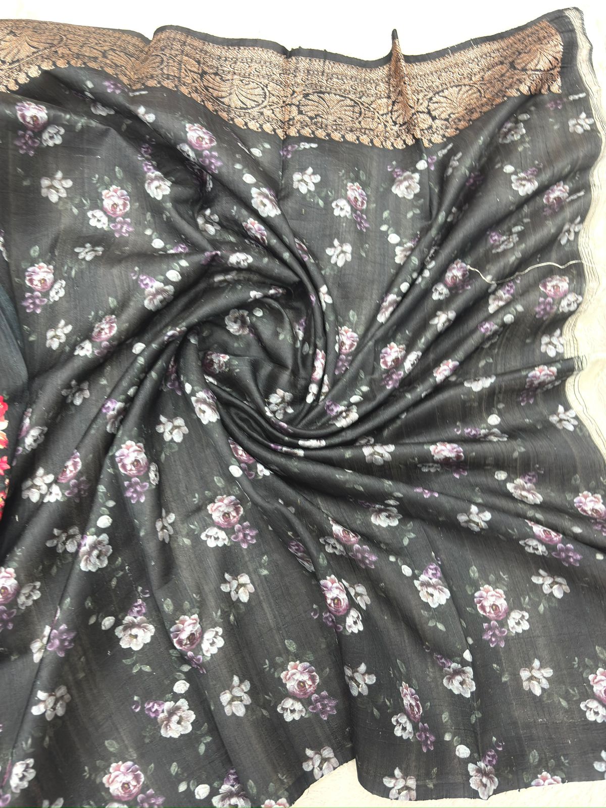 Black Floral Printed Raw Silk Handloom Saree