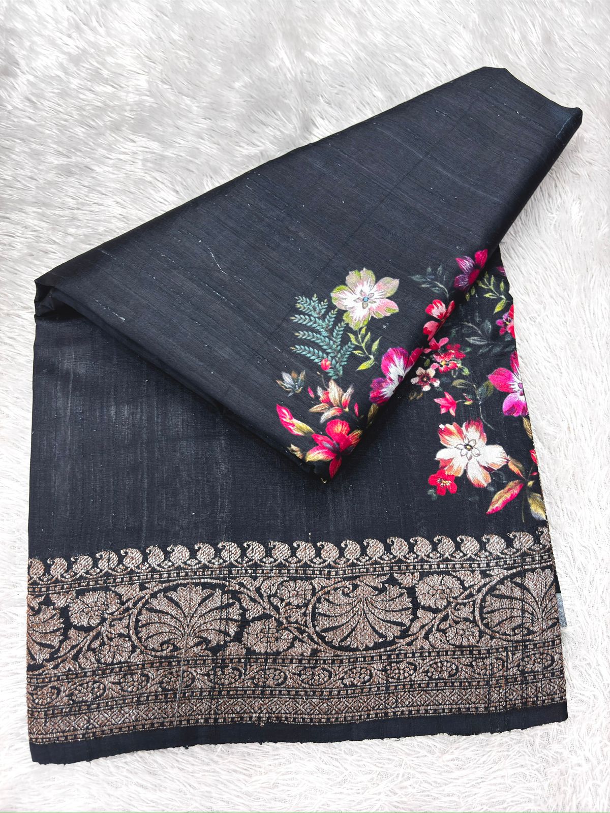 Black Floral Printed Raw Silk Handloom Saree