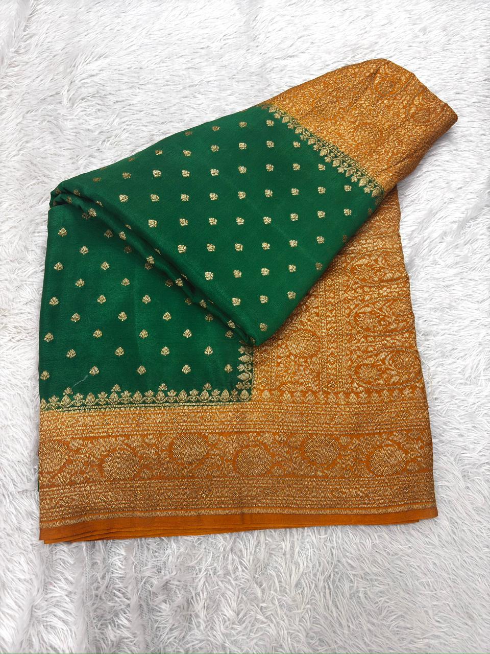 Emerald Green Crepe Georgette Handloom Saree with Rich Gold Zari Weaving